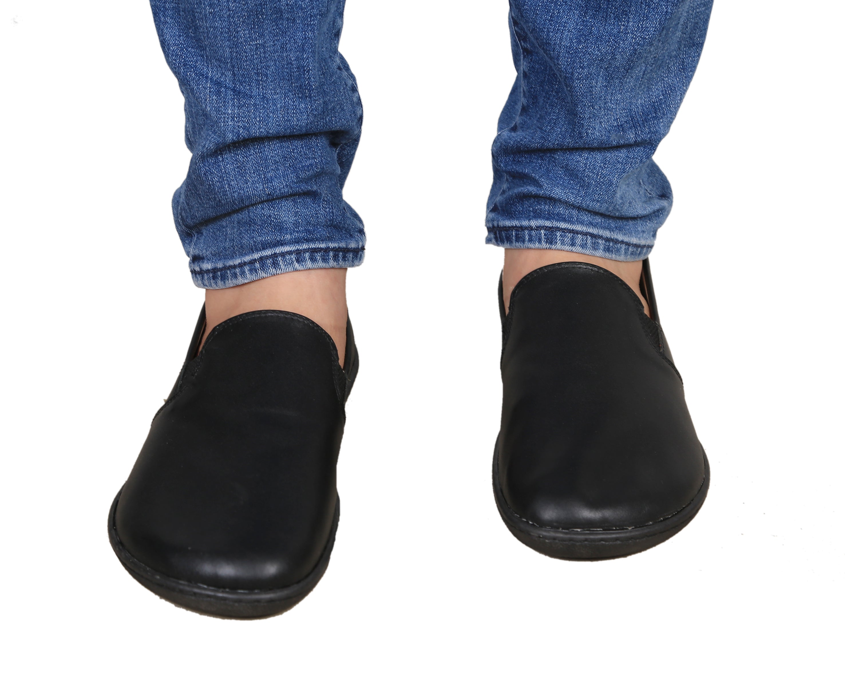 Black Slip-On Wide Barefoot Shoes Smooth Leather Handmade 6mm Rubber Outsole Slip-On Rubber Outsole