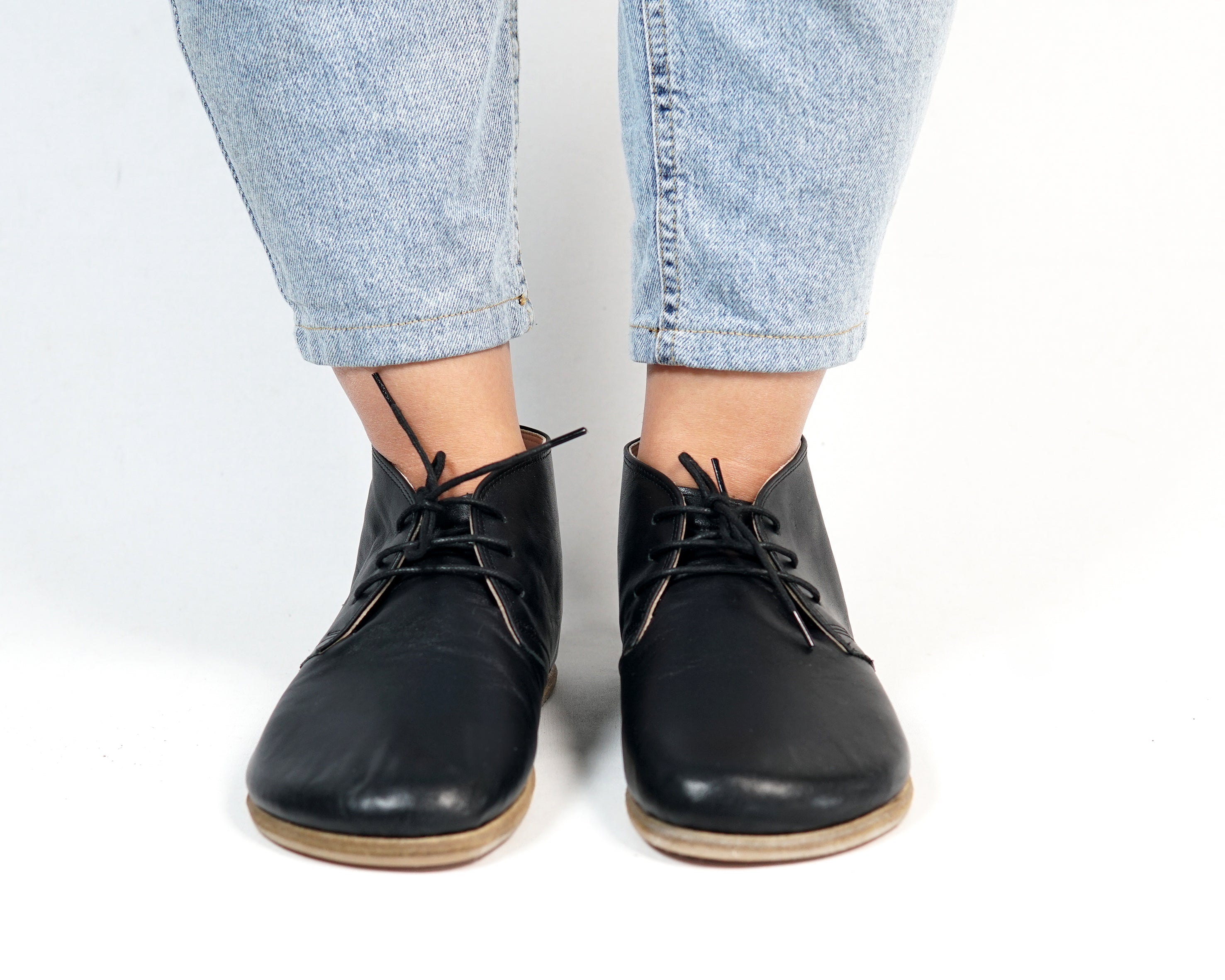 Black Ankle Boots Wide Barefoot Smooth Leather Handmade Shoes Ankle Boots Leather Outsole