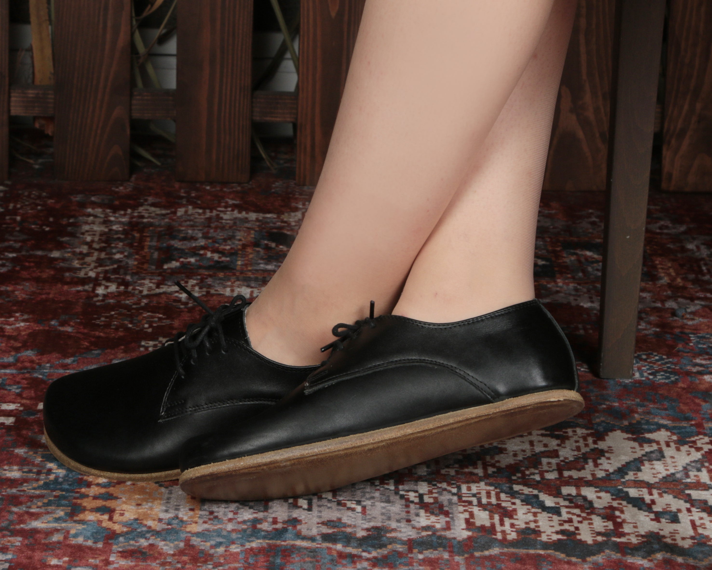 Black Oxford Wide Barefoot Smooth Leather Handmade Classic Shoes Oxford Leather Outsole