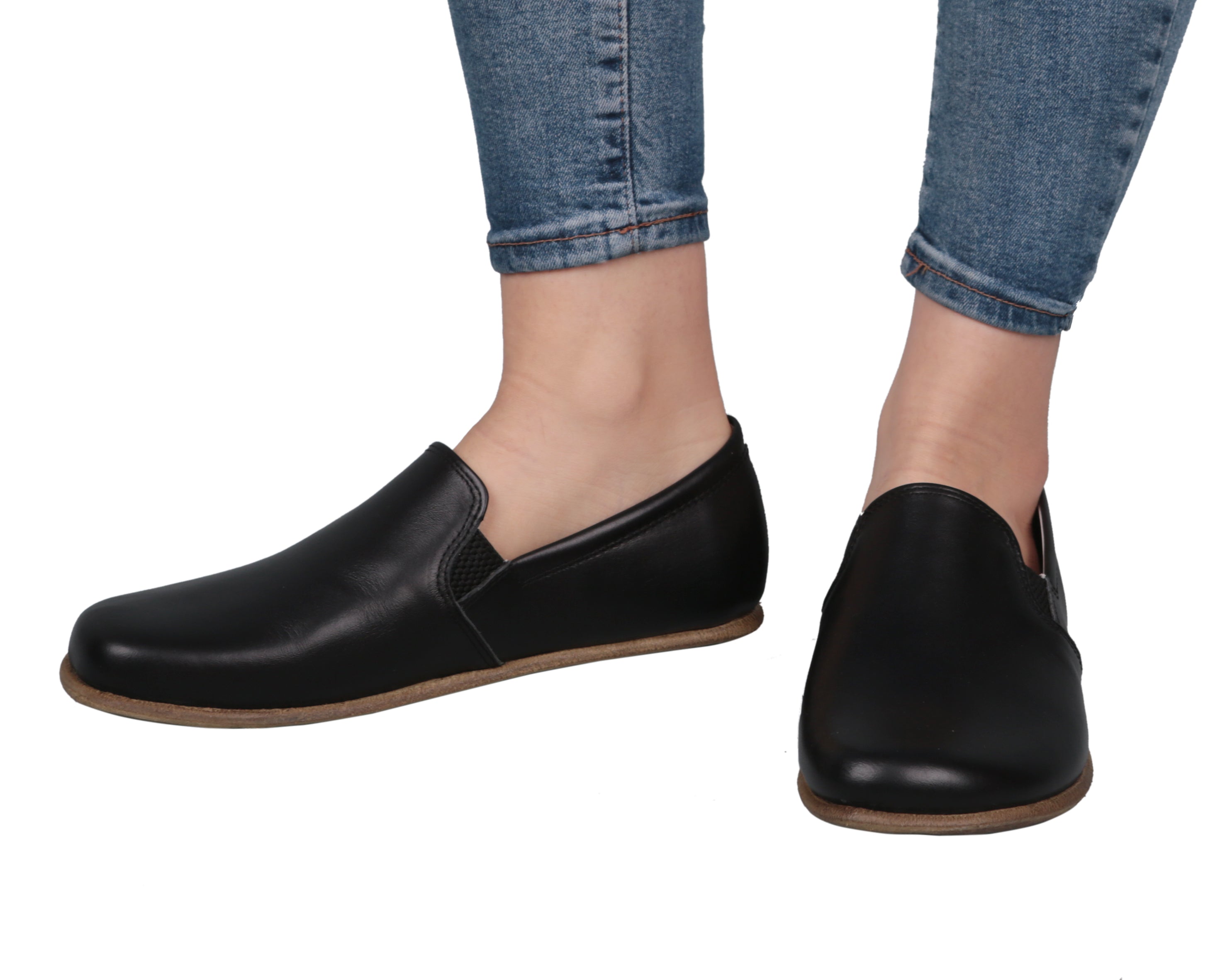 Black Slip-On Wide Barefoot Smooth Leather Handmade Classic Shoes Slip-On Leather Outsole