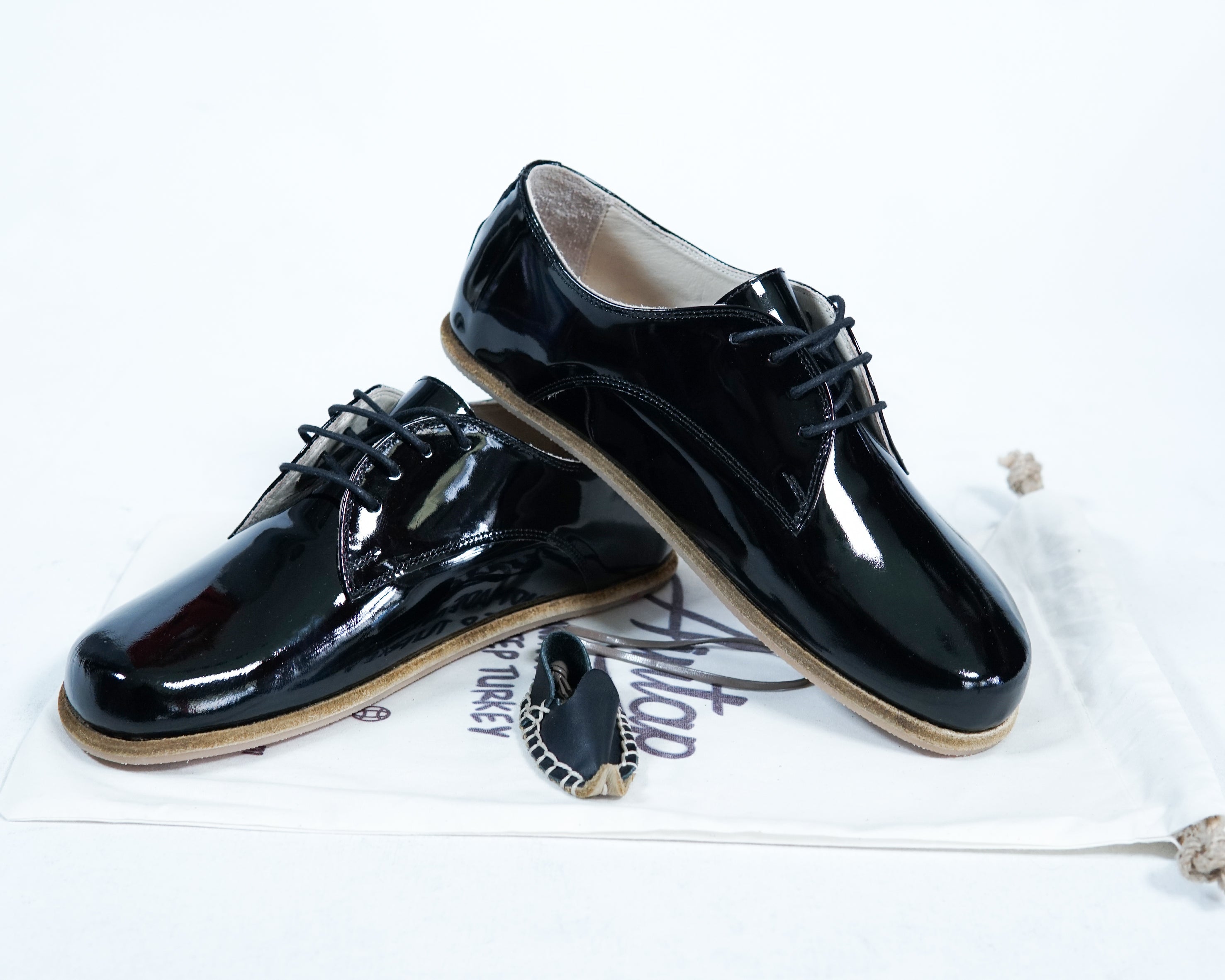 Black Oxford Wide Barefoot Patent Leather Handmade Shoes Oxford Leather Outsole