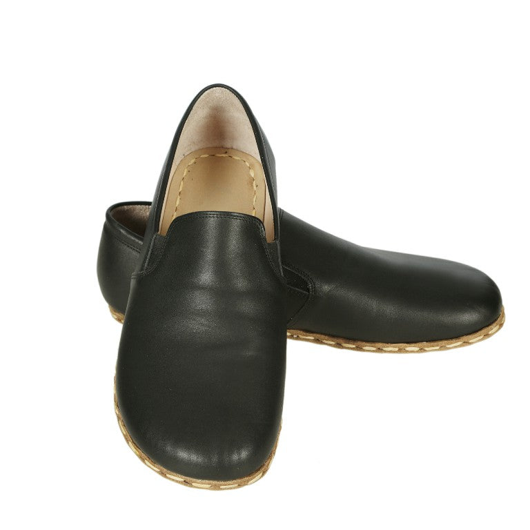 Black Slip-On Wide Barefoot Smooth Leather Handmade Sport Shoes Slip-On Leather Outsole
