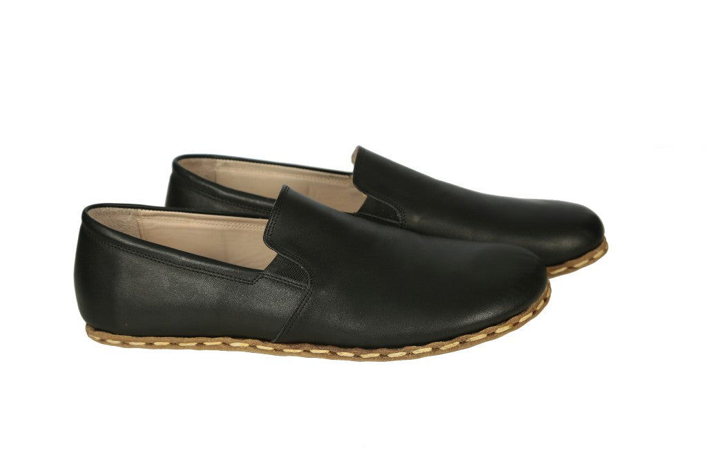 Black Slip-On Wide Barefoot Smooth Leather Handmade Sport Shoes Slip-On Leather Outsole