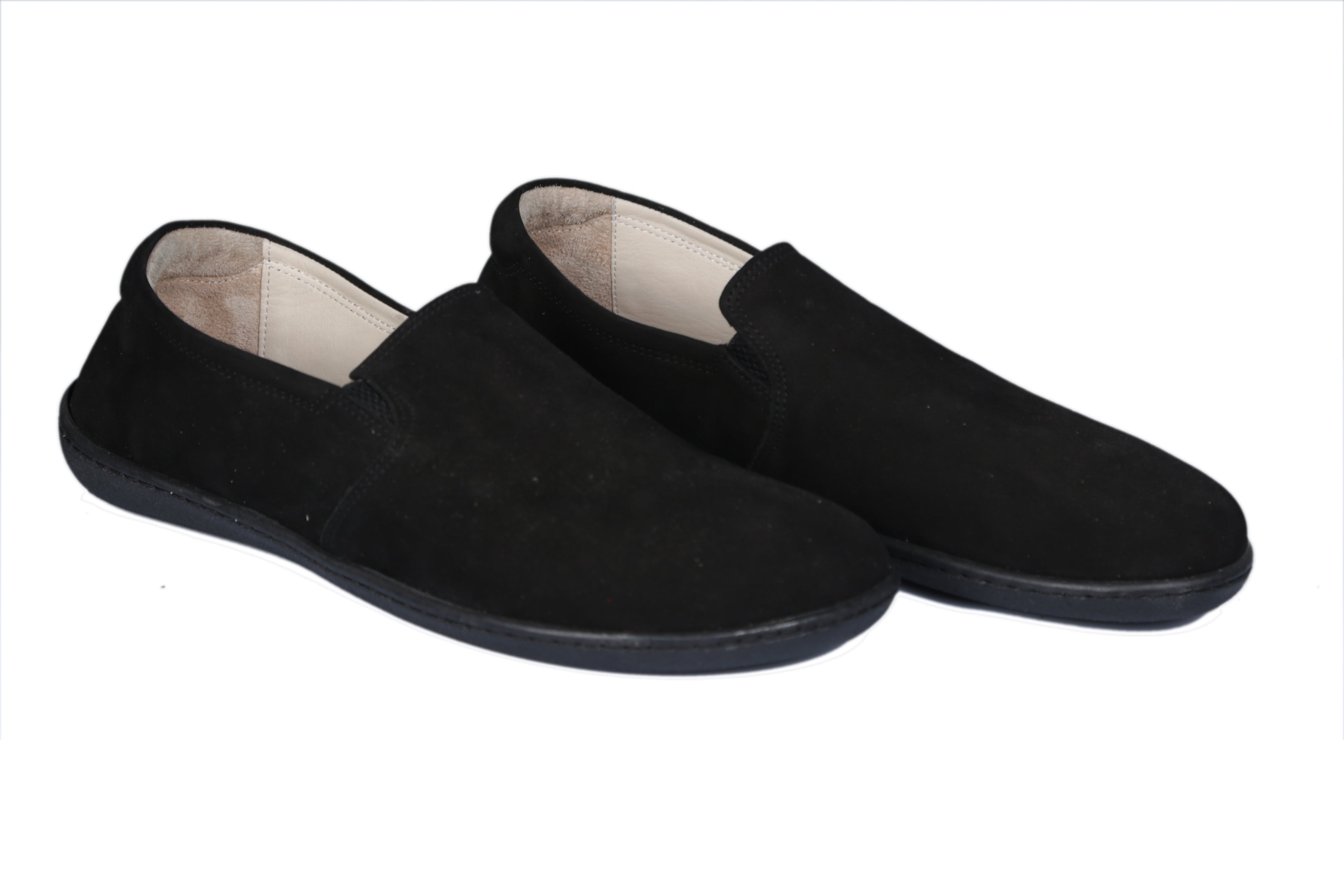 Black Slip-On Wide Barefoot Shoes Nubuck Leather Handmade 6mm Rubber Outsole Slip-On Rubber Outsole