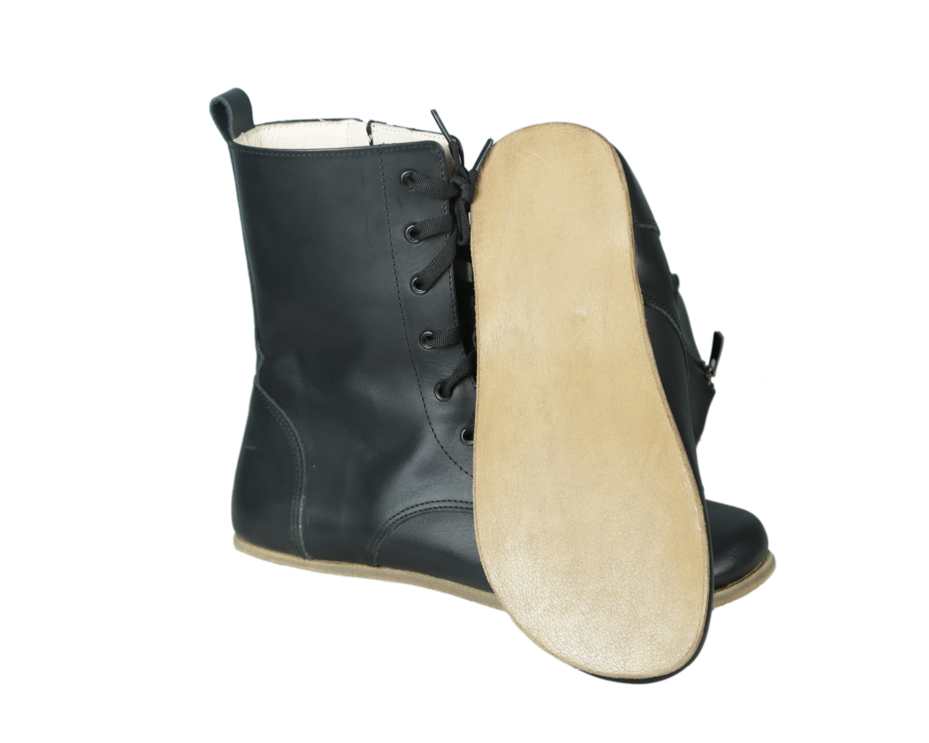 Black Long Boots Wide Barefoot Smooth Leather Handmade Shoes Long Boots Leather Outsole