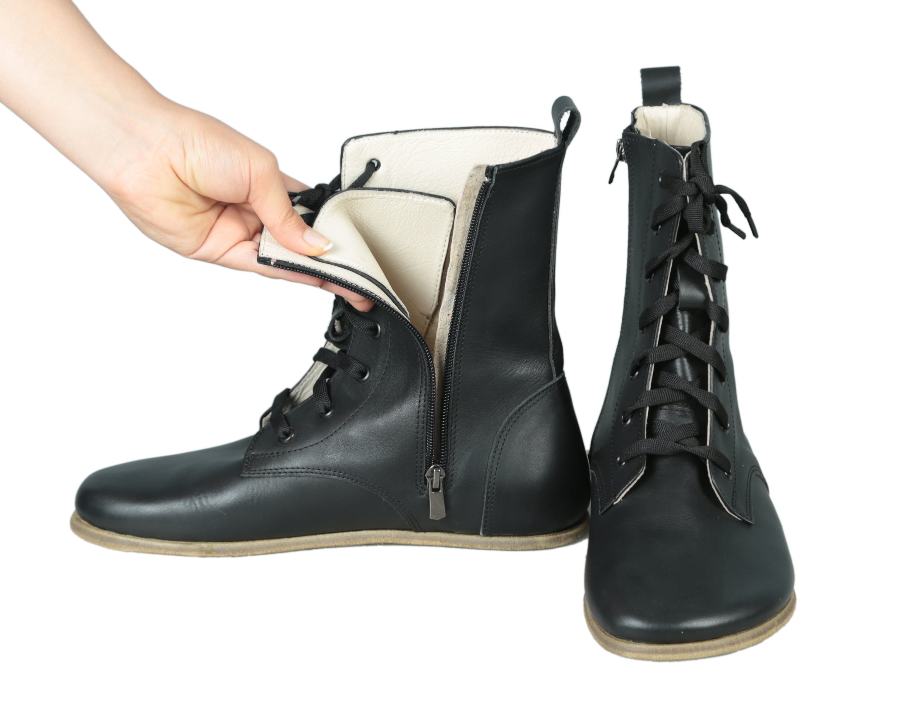 Black Long Boots Wide Barefoot Smooth Leather Handmade Shoes Long Boots Leather Outsole