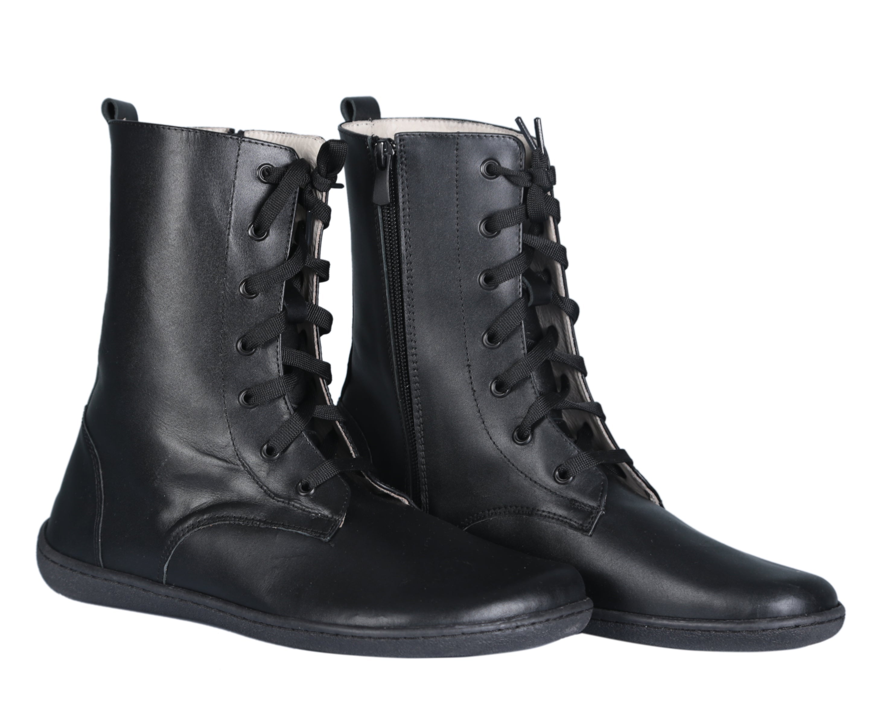 Black Long Zipper Boots Wide Barefoot Shoes Smooth Leather Handmade 6mm Rubber Outsole Long Boots Rubber Outsole