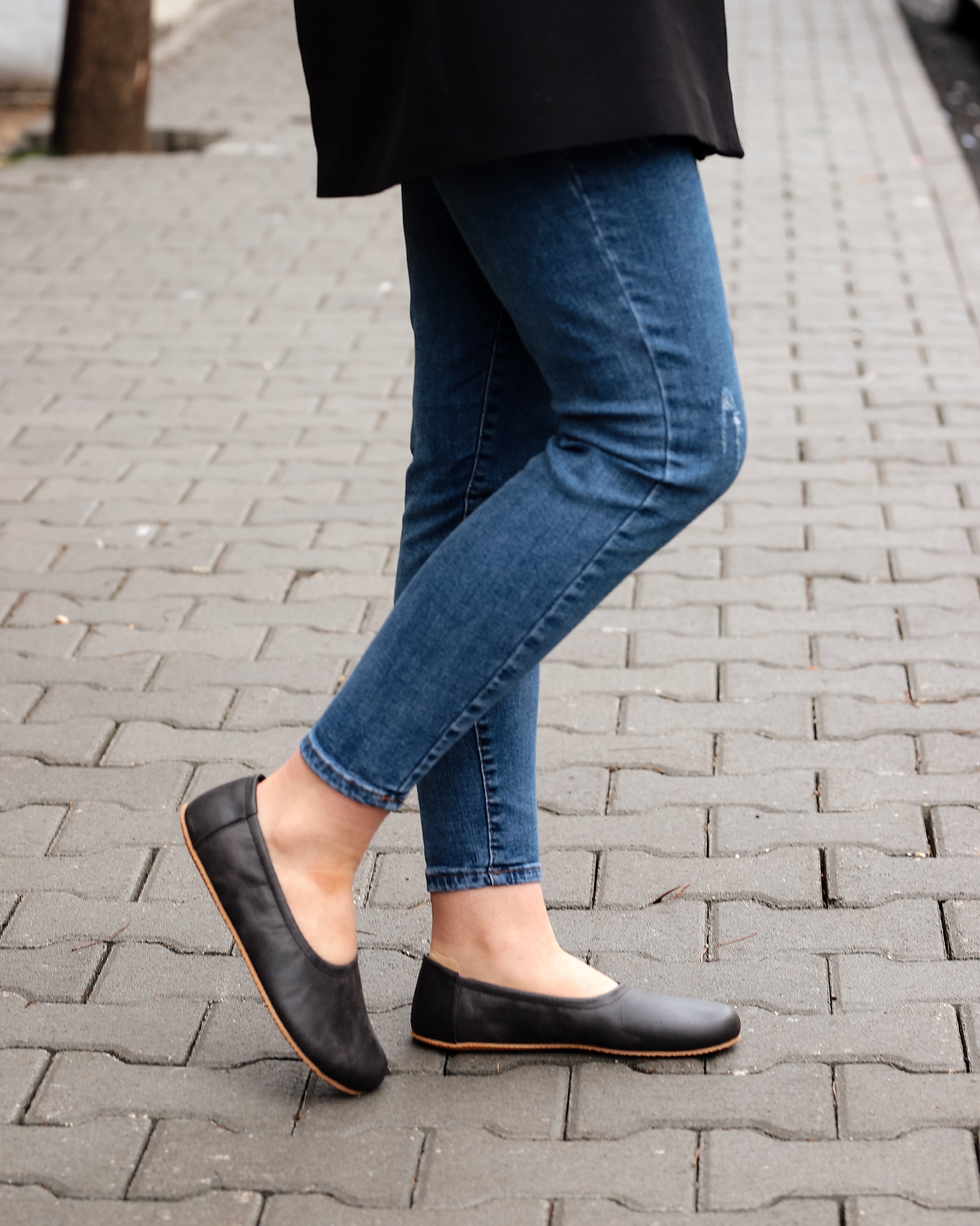 Asphalt Black Women Flat Ballets Wide Barefoot Crazy Leather Handmade Women Flat Ballets