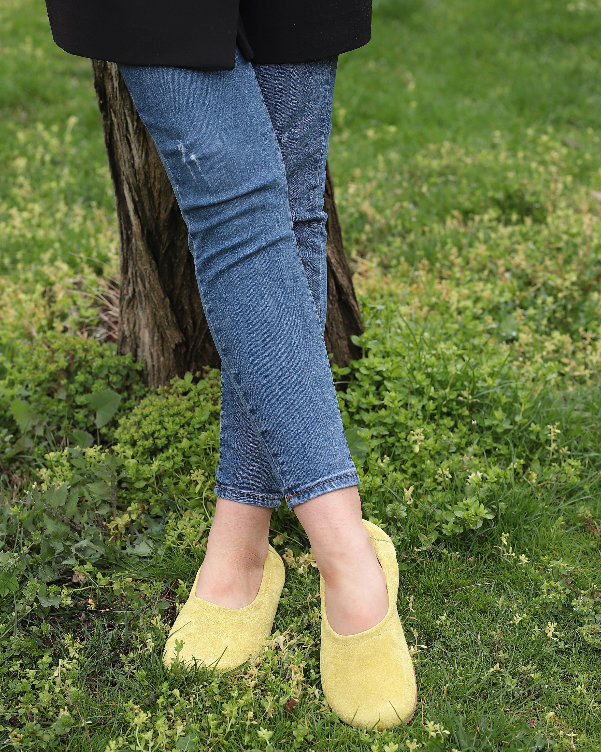 Yellow Women Flat Ballets Wide Barefoot Suede Leather Handmade Women Flat Ballets