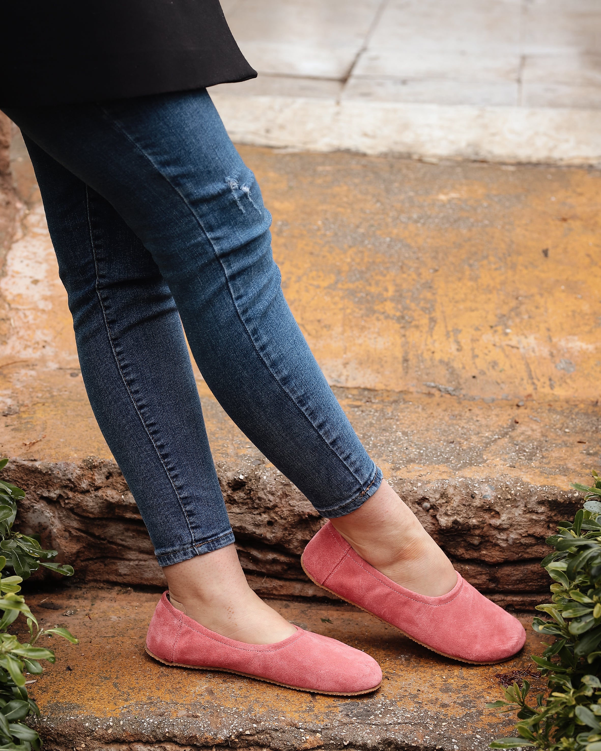 Pink Women Flat Ballets Wide Barefoot Suede Leather Handmade Women Flat Ballets