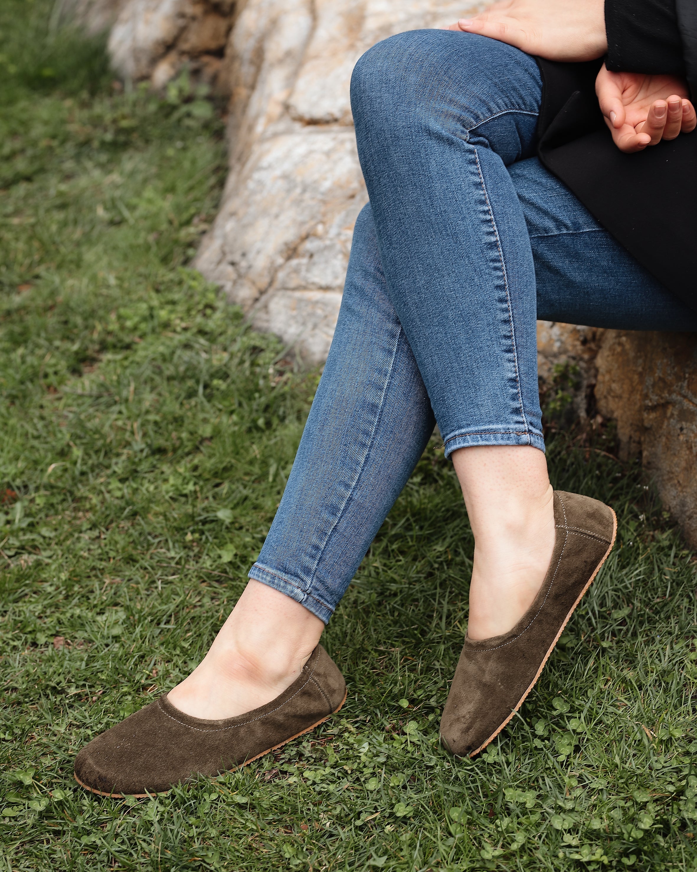 Green Women Flat Ballets Wide Barefoot Suede Leather Handmade Women Flat Ballets