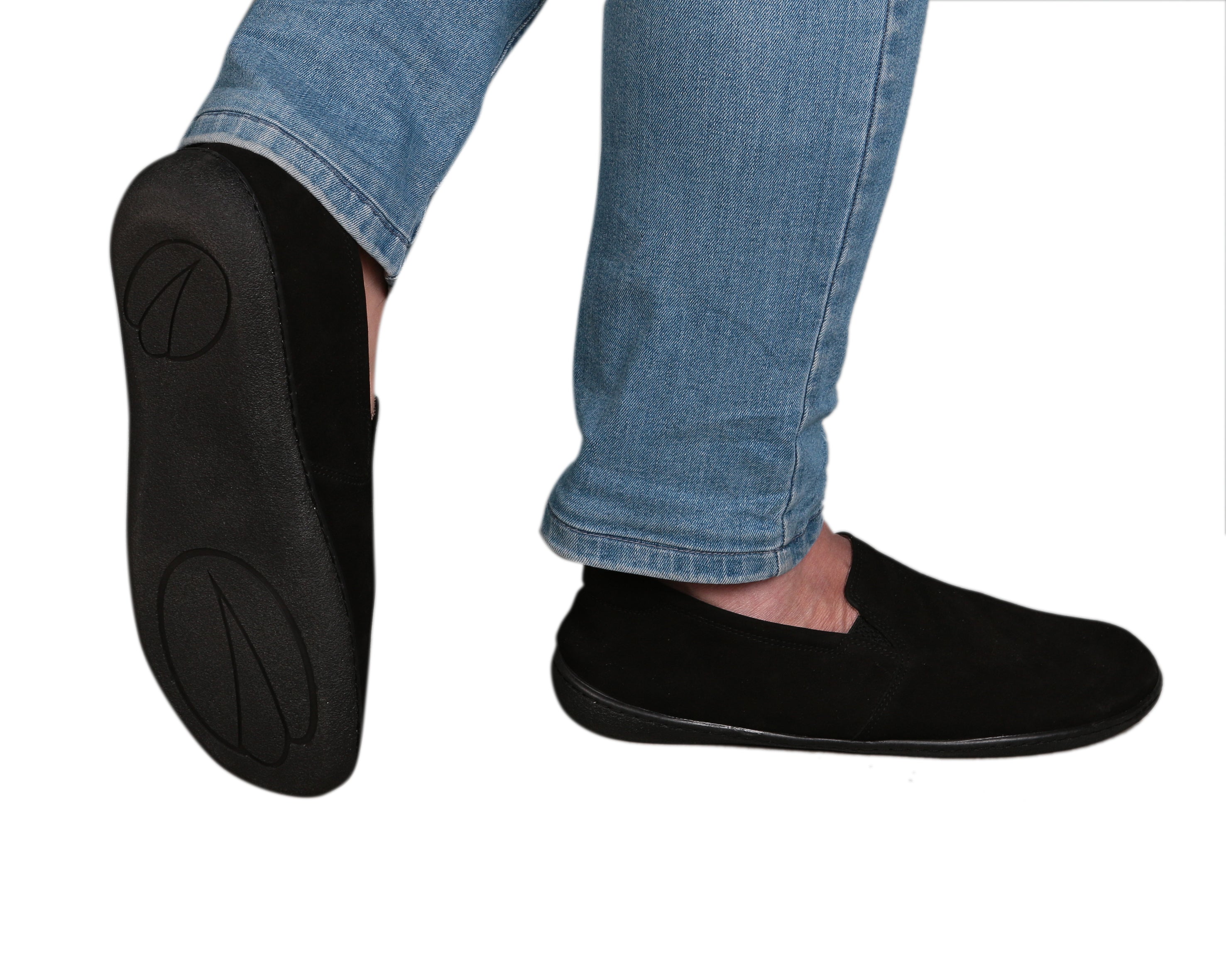 Black Slip-On Wide Barefoot Shoes Nubuck Leather Handmade 6mm Rubber Outsole Slip-On Rubber Outsole