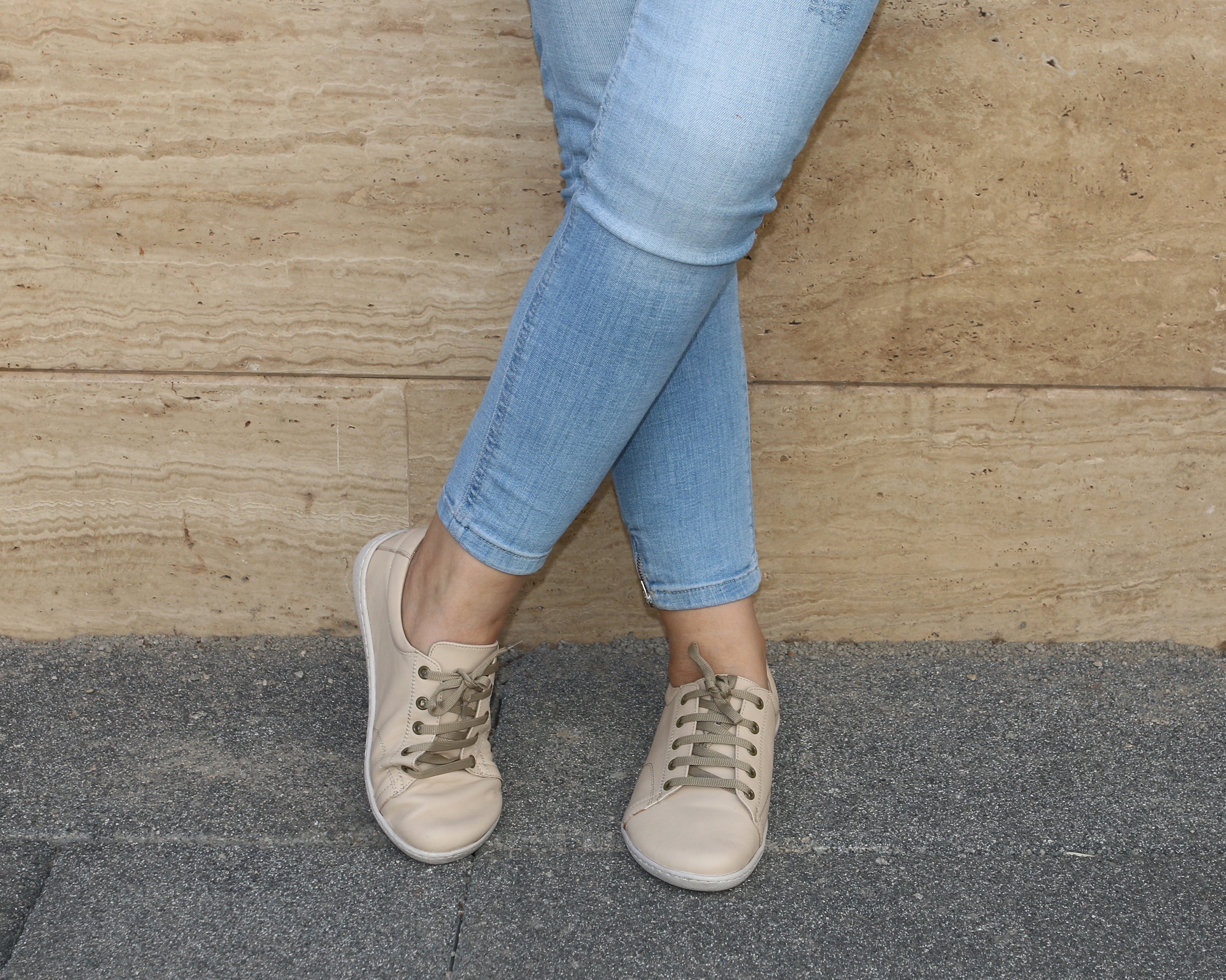 Cream SNEAKER Wide Barefoot Shoes Smooth Leather Handmade 6mm Rubber Outsole