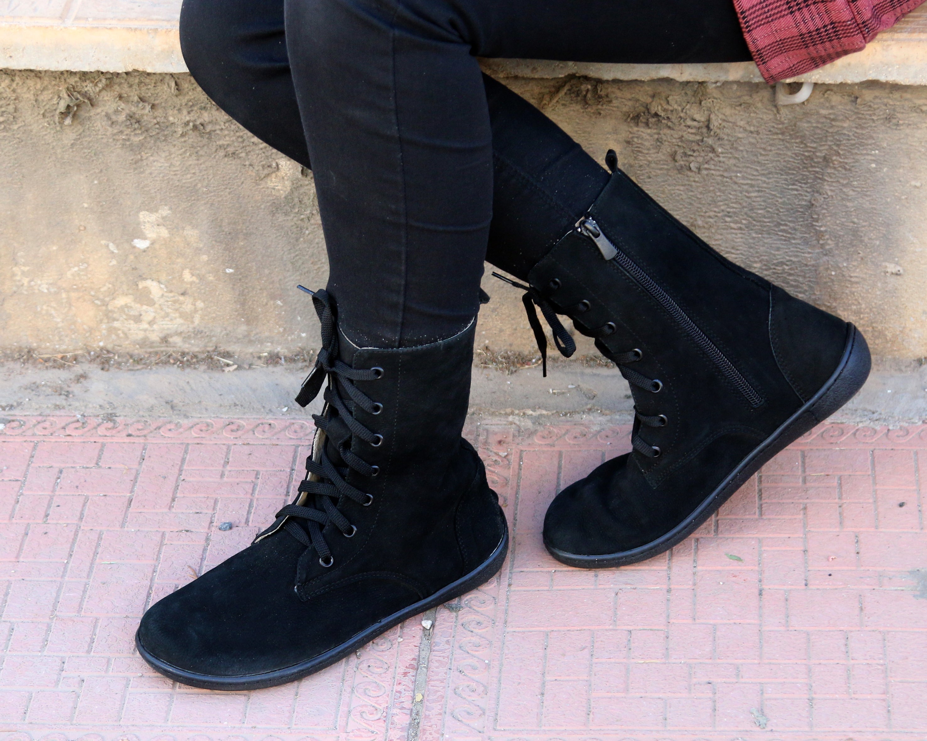 Black Long Zipper Boots Wide Barefoot Shoes Nubuck Leather Handmade Rubber Outsole Long Boots Rubber Outsole