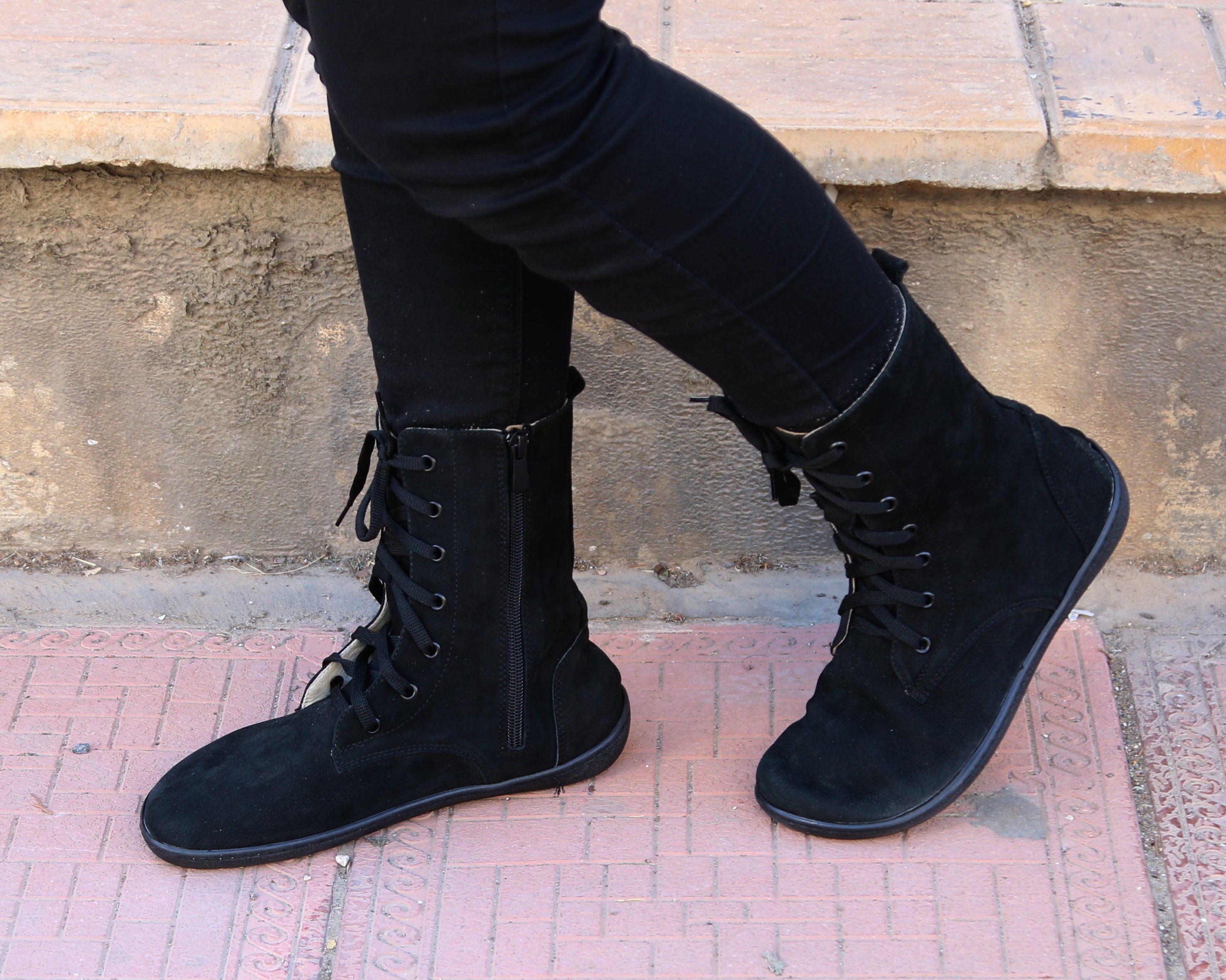 Black Long Zipper Boots Wide Barefoot Shoes Nubuck Leather Handmade Rubber Outsole Long Boots Rubber Outsole