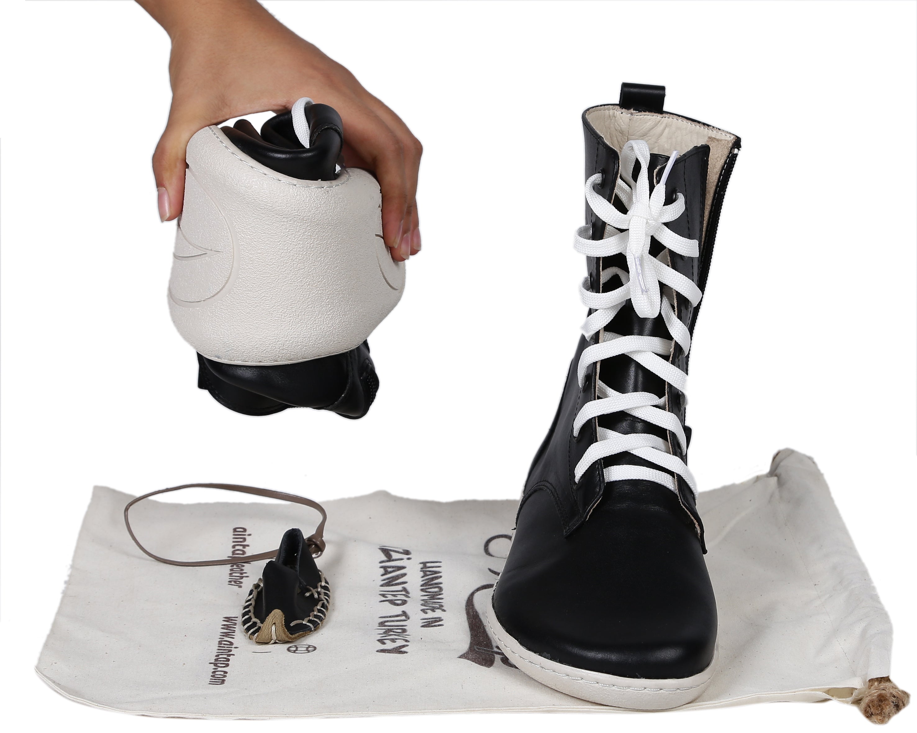 Black Long Zipper Boots Wide Barefoot Shoes Smooth Leather Handmade 6mm Rubber Outsole Long Boots Rubber Outsole