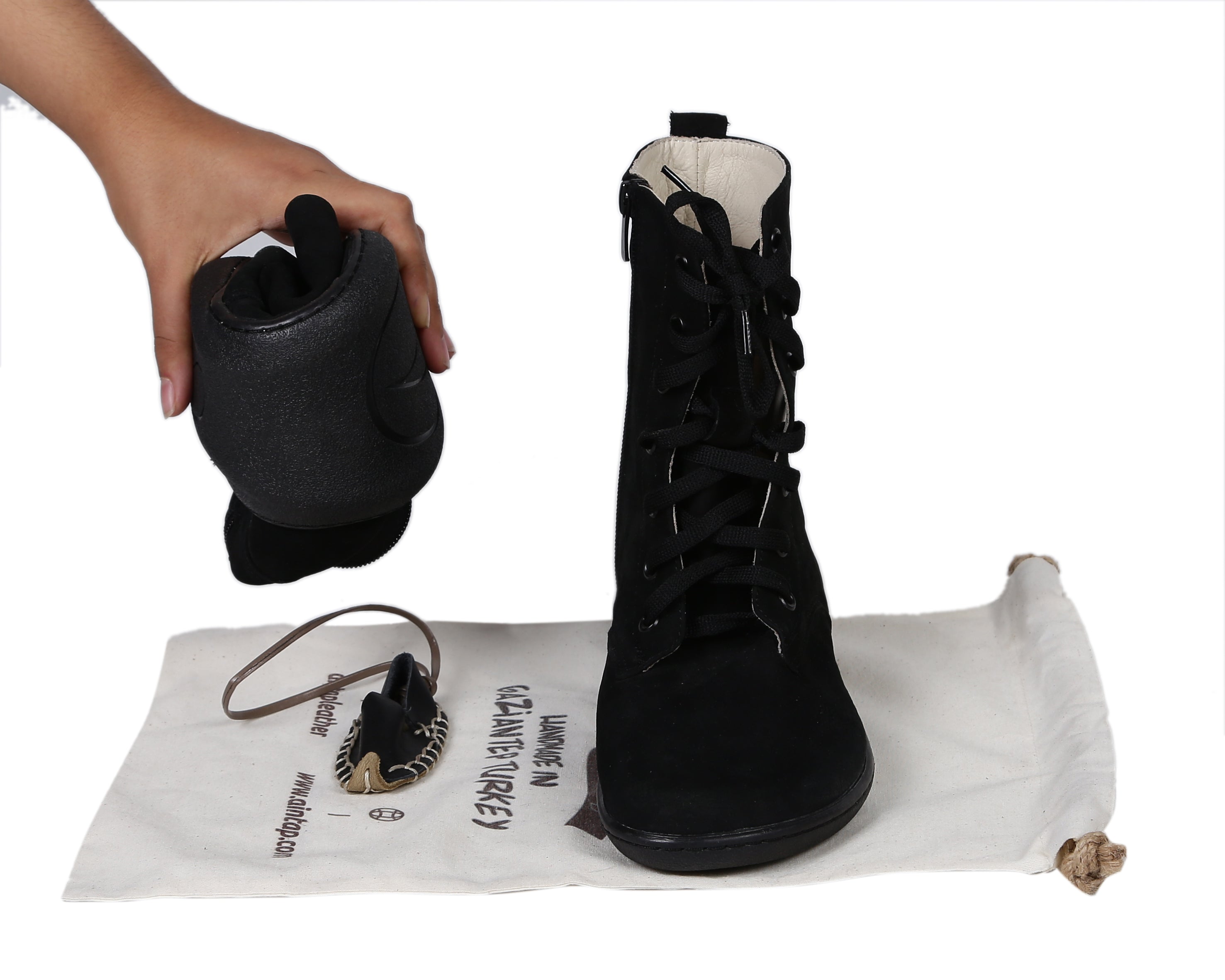 Black Long Zipper Boots Wide Barefoot Shoes Nubuck Leather Handmade Rubber Outsole Long Boots Rubber Outsole