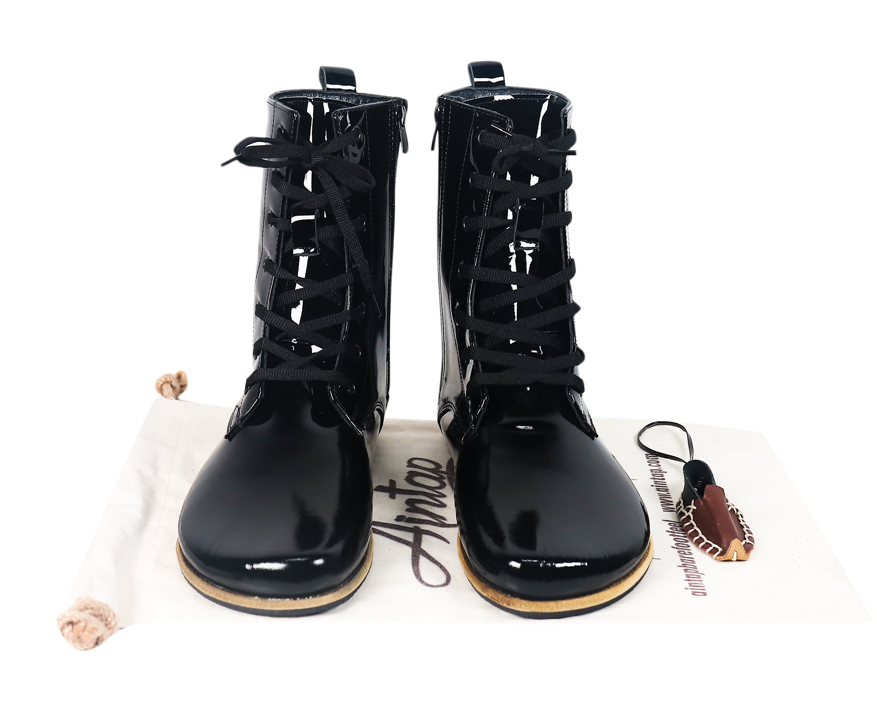 Black Long Boots Wide Barefoot Patent Leather Handmade Shoes Long Boots Leather Outsole
