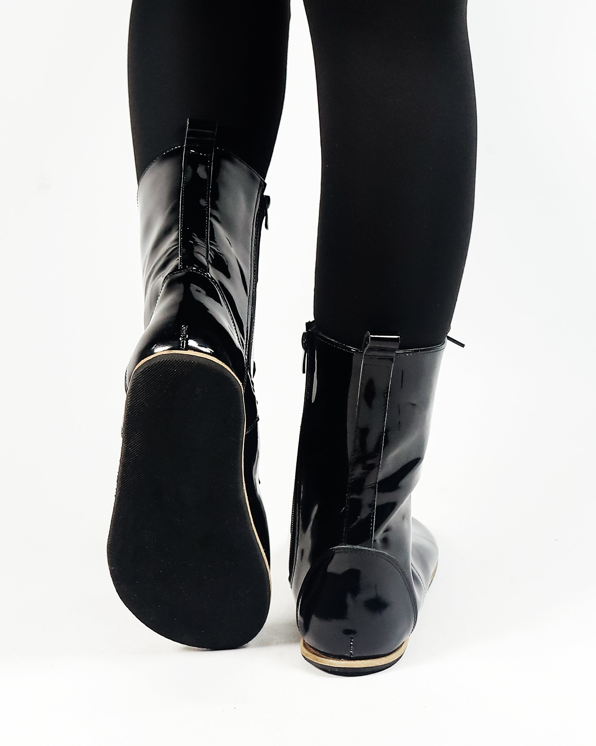 Black Long Boots Wide Barefoot Patent Leather Handmade Shoes Long Boots Leather Outsole