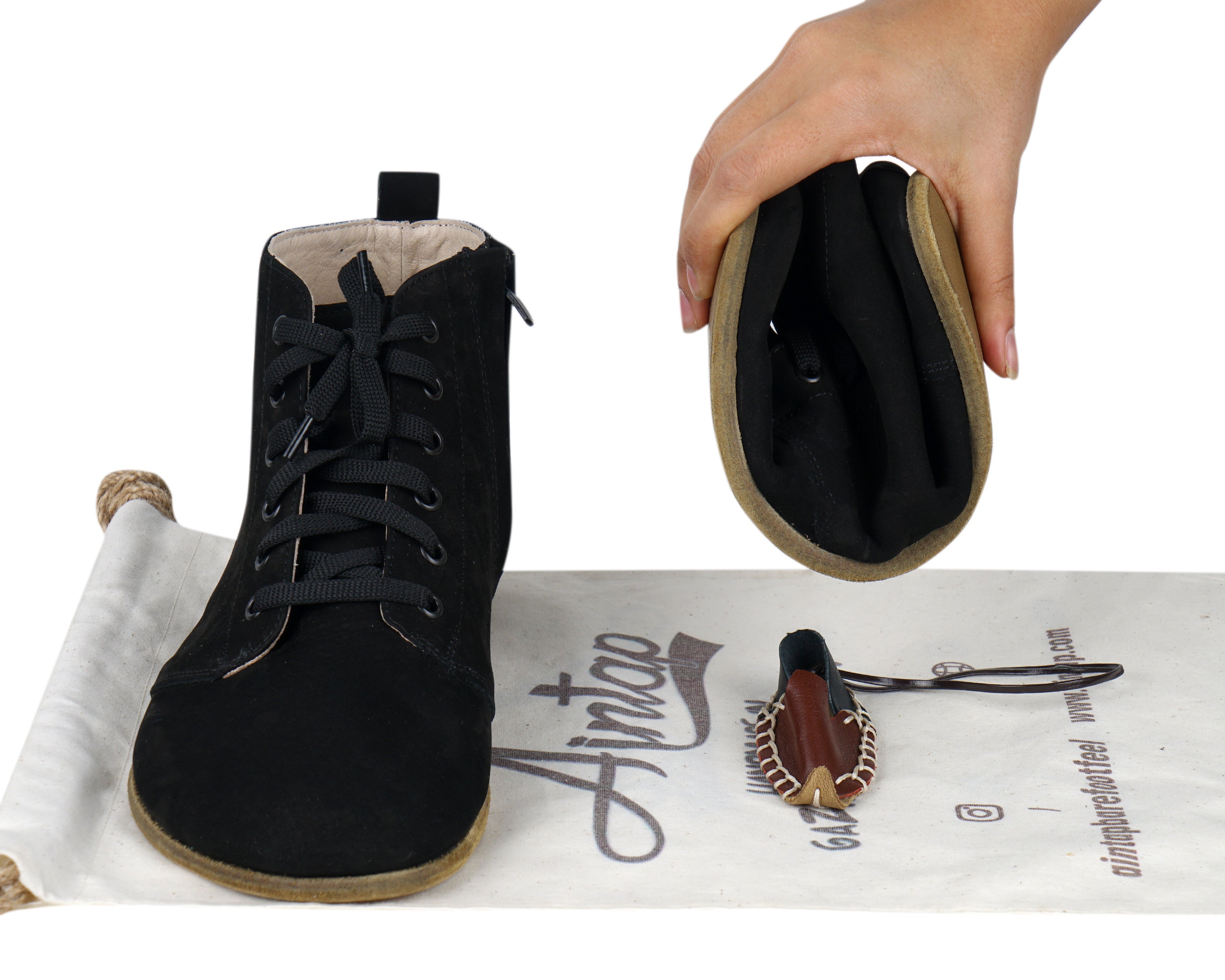 Black Short Boots Wide Barefoot Nubuck Leather Handmade Shoes Short Boots Leather Outsole