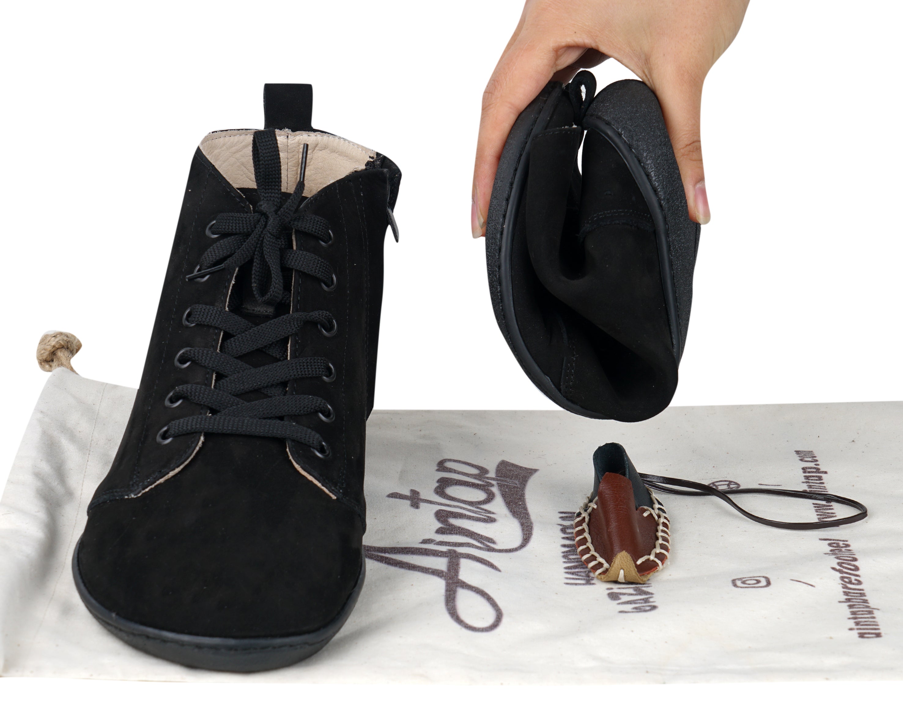 Black Short Boots Wide Barefoot Shoes Nubuck Leather Handmade Rubber Outsole Short Boots Rubber Outsole