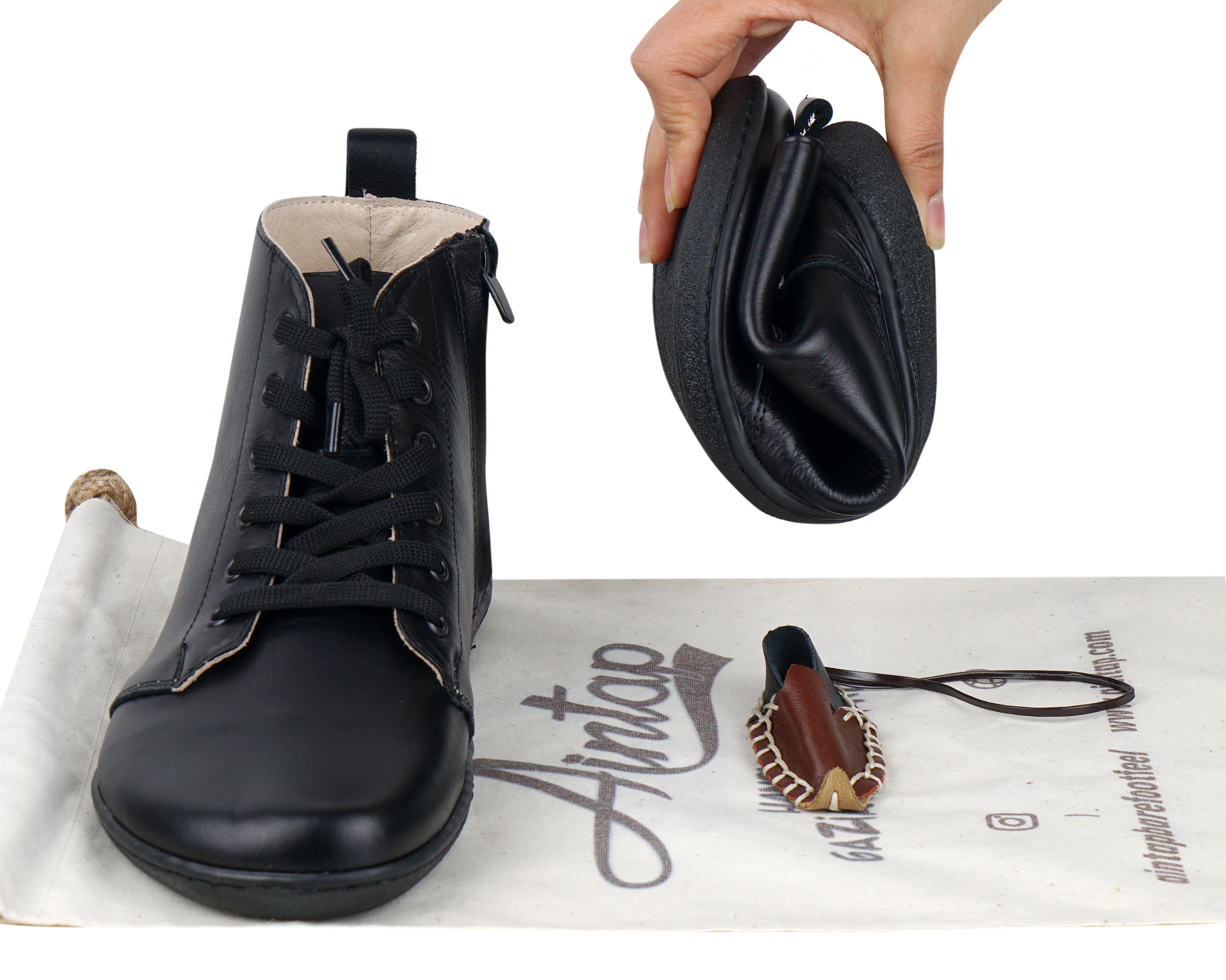 Black Short Boots Wide Barefoot Shoes Smooth Leather Handmade 6mm Rubber Outsole Short Boots Rubber Outsole