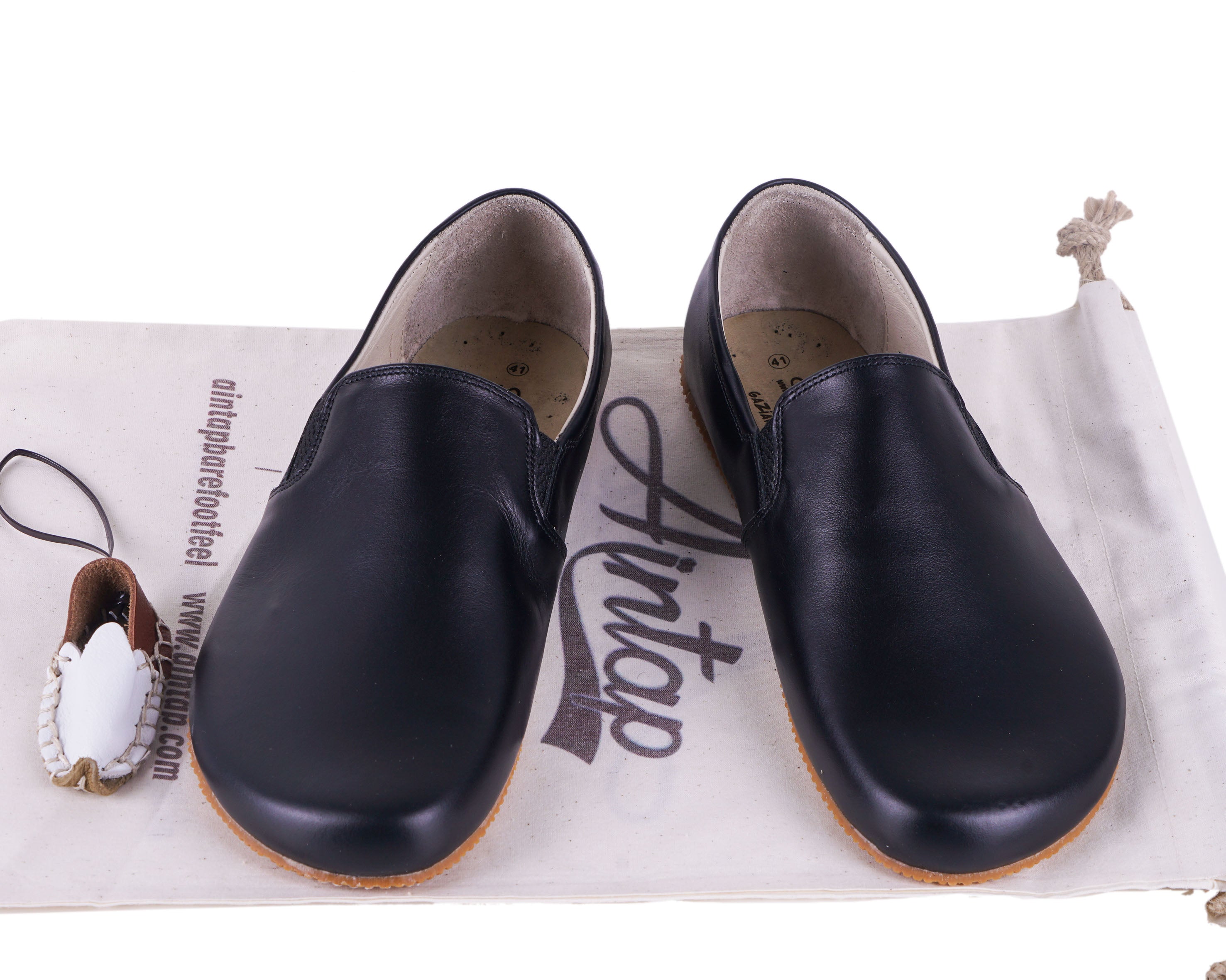 Black Slip-On Wide Barefoot Shoes Smooth Leather Handmade 4mm Rubber Outsole Slip-On Rubber Outsole