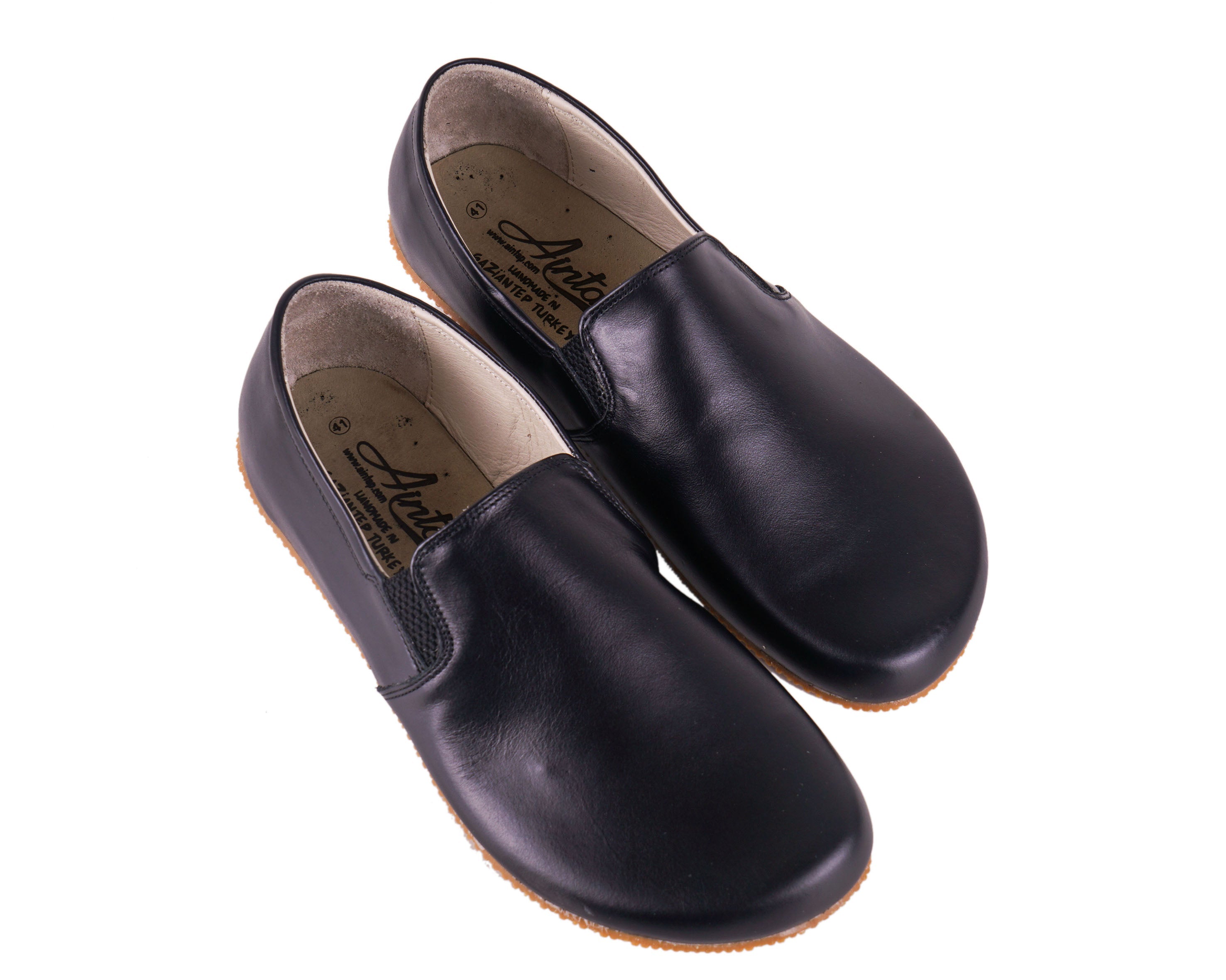 Black Slip-On Wide Barefoot Shoes Smooth Leather Handmade 4mm Rubber Outsole Slip-On Rubber Outsole
