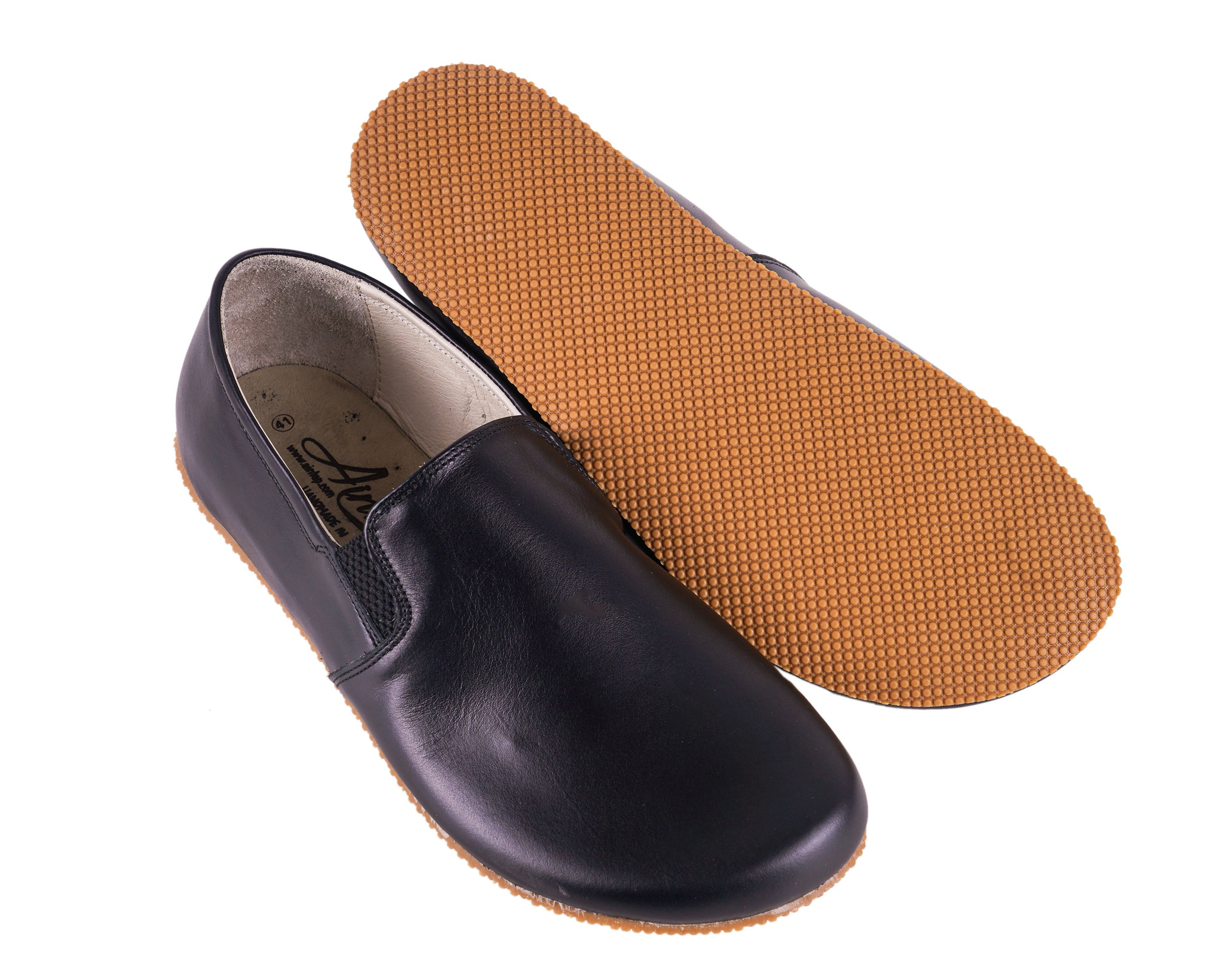 Black Slip-On Wide Barefoot Shoes Smooth Leather Handmade 4mm Rubber Outsole Slip-On Rubber Outsole