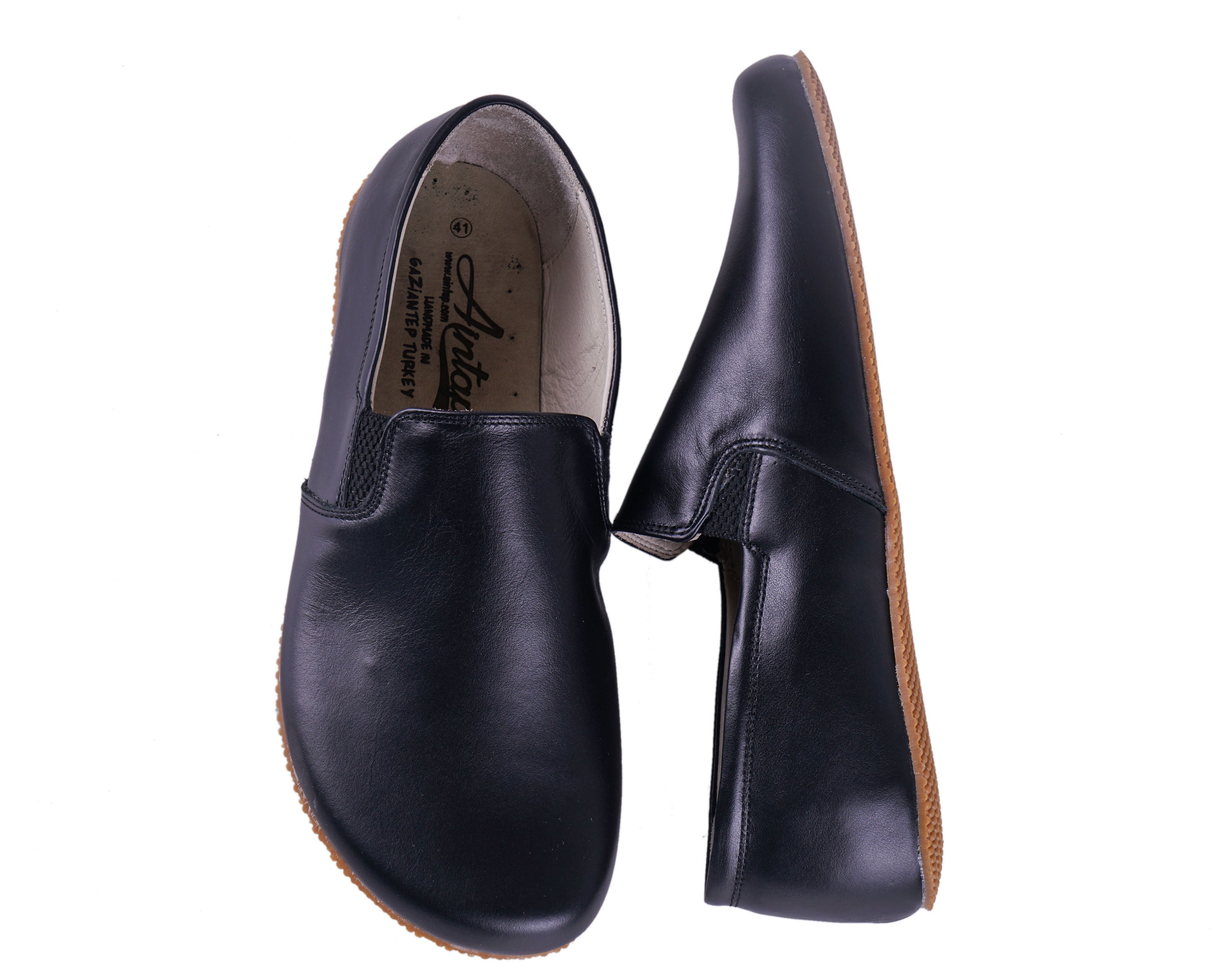 Black Slip-On Wide Barefoot Shoes Smooth Leather Handmade 4mm Rubber Outsole Slip-On Rubber Outsole