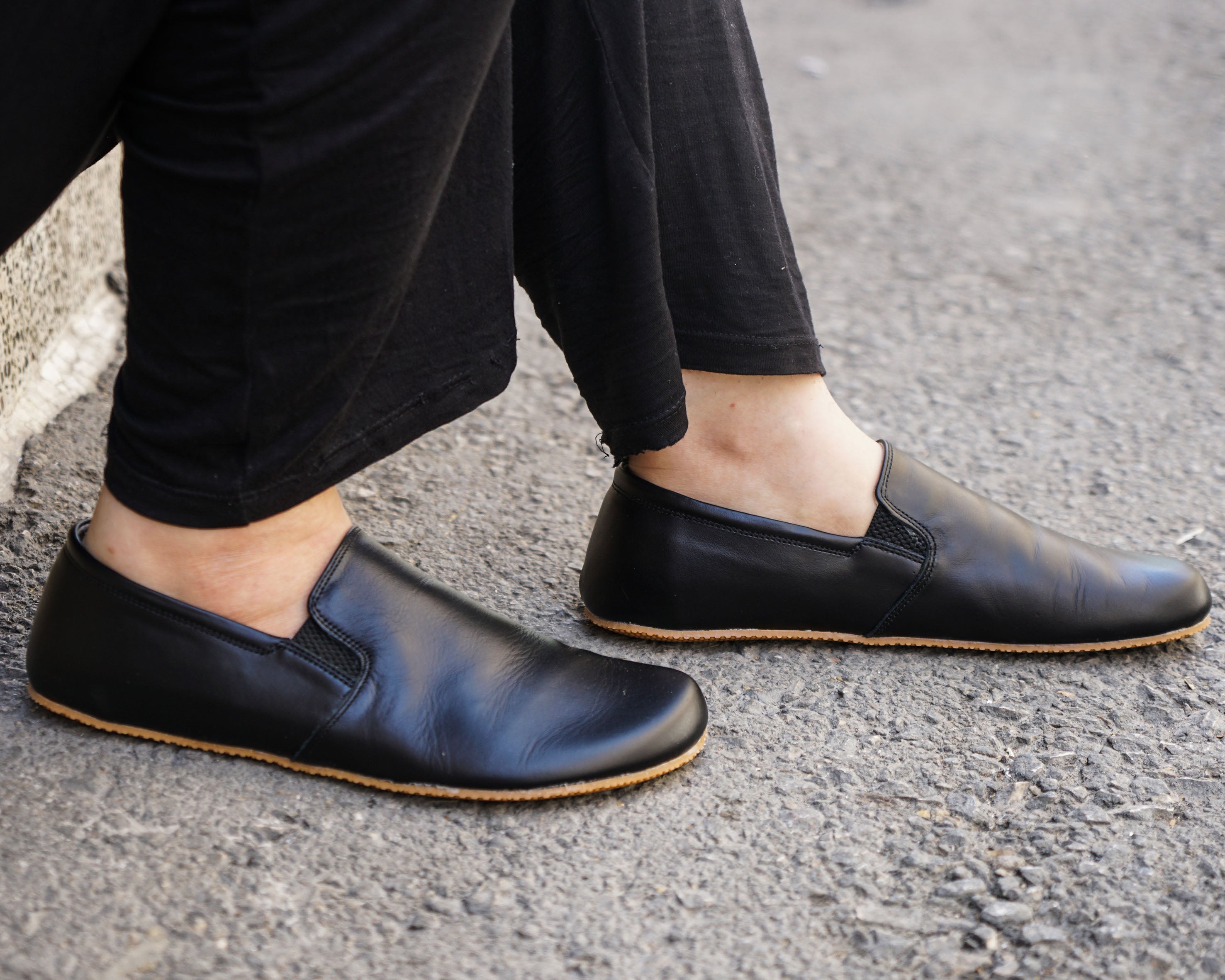 Black Slip-On Wide Barefoot Shoes Smooth Leather Handmade 4mm Rubber Outsole Slip-On Rubber Outsole