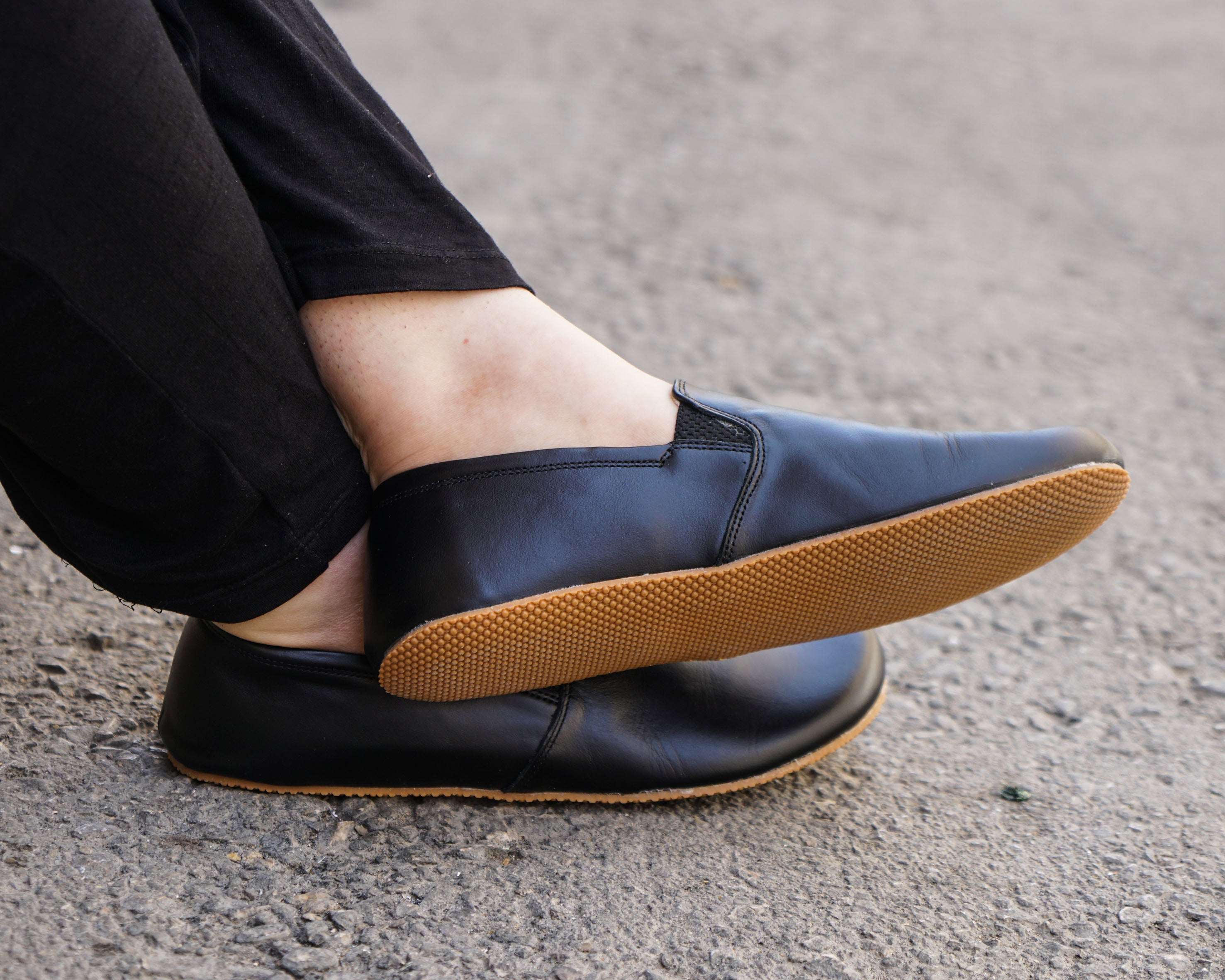 Black Slip-On Wide Barefoot Shoes Smooth Leather Handmade 4mm Rubber Outsole Slip-On Rubber Outsole