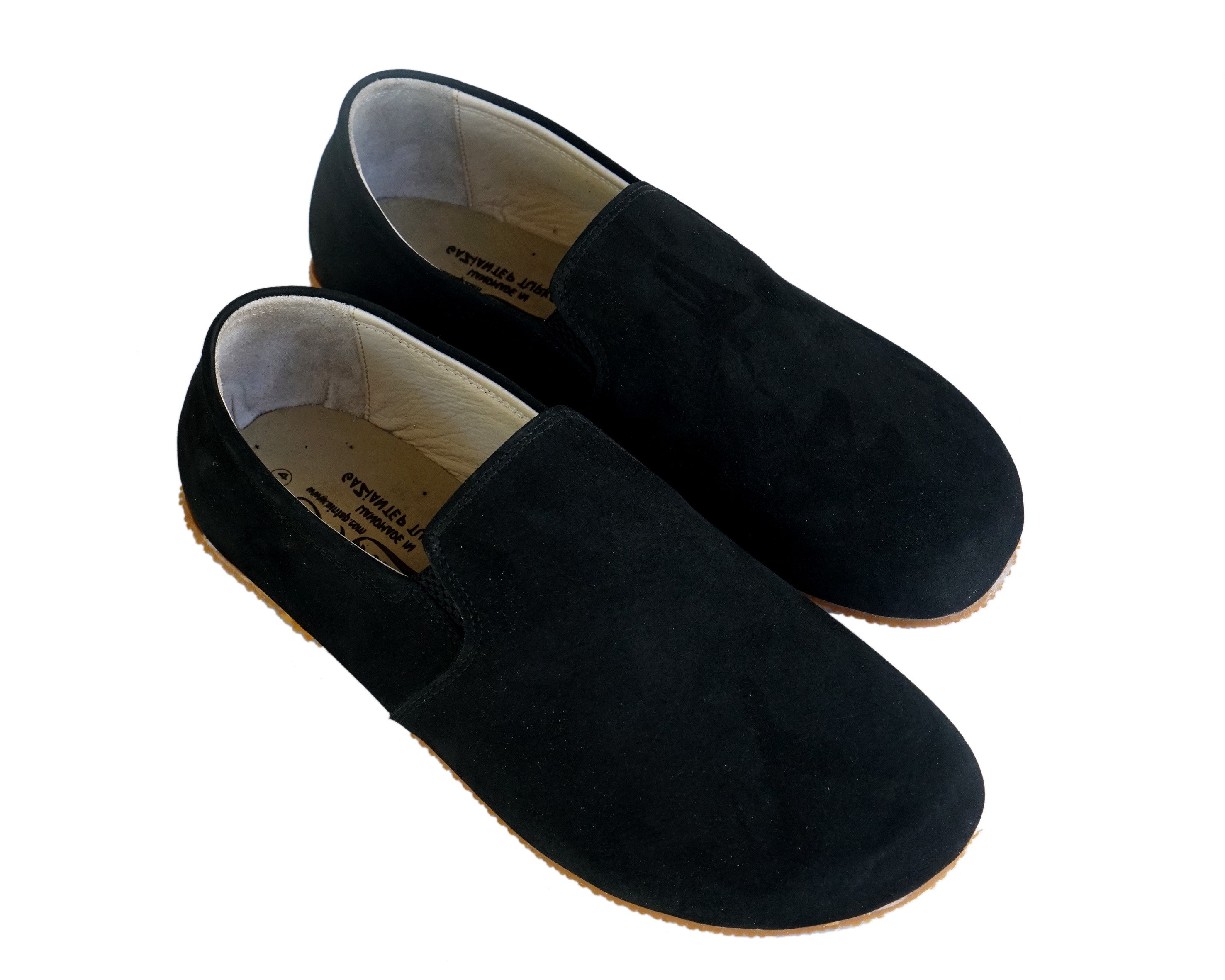 Black Slip-On Wide Barefoot Shoes Nubuck Leather Handmade 4mm Rubber Outsole Slip-On Rubber Outsole
