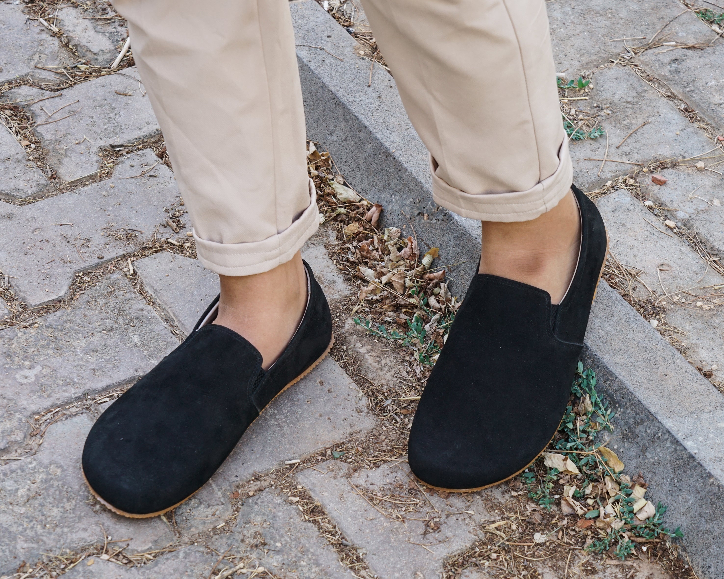Black Slip-On Wide Barefoot Shoes Nubuck Leather Handmade 4mm Rubber Outsole Slip-On Rubber Outsole