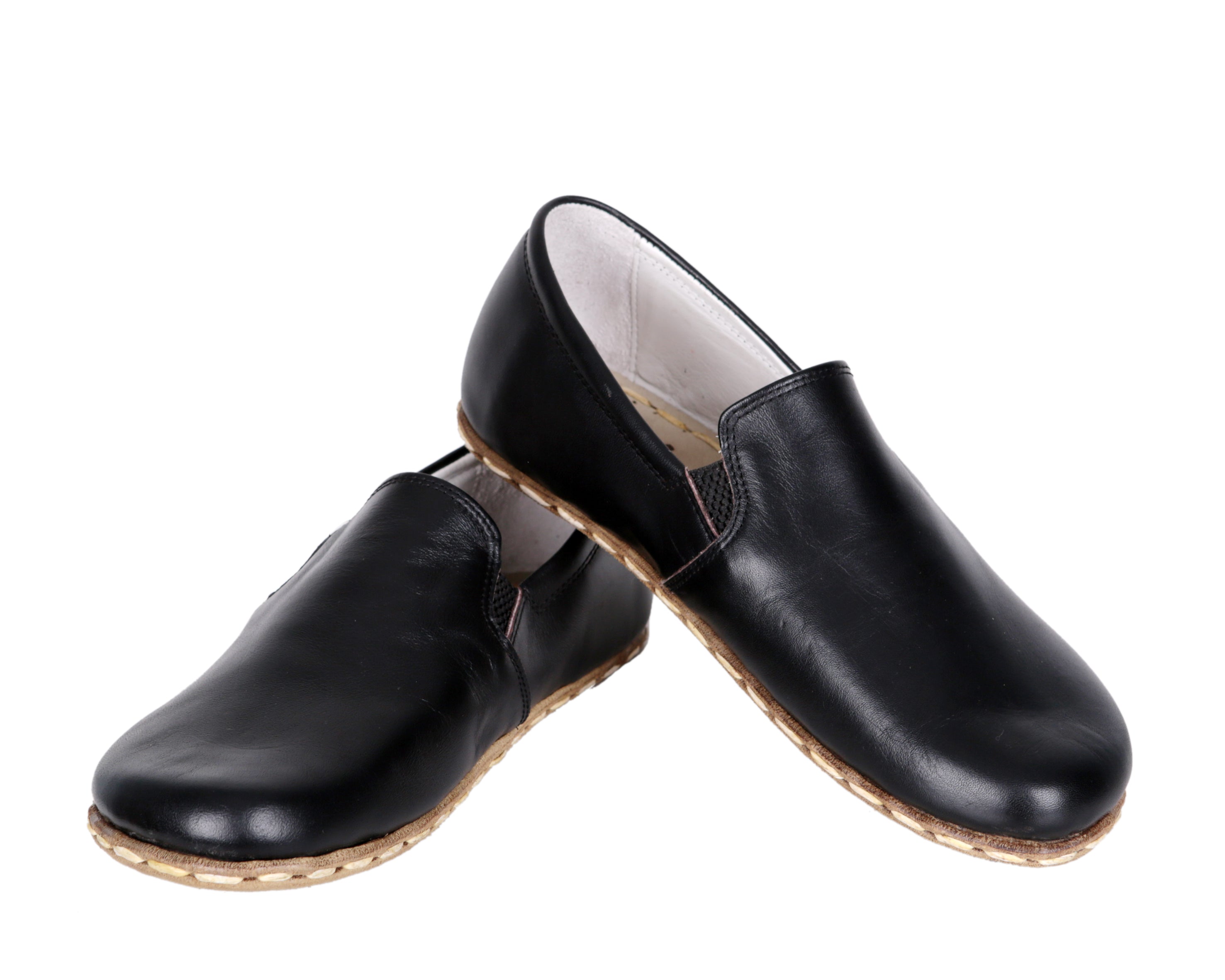 Black Slip-On Wide Barefoot Smooth Leather Handmade Sport Shoes Slip-On Leather Outsole