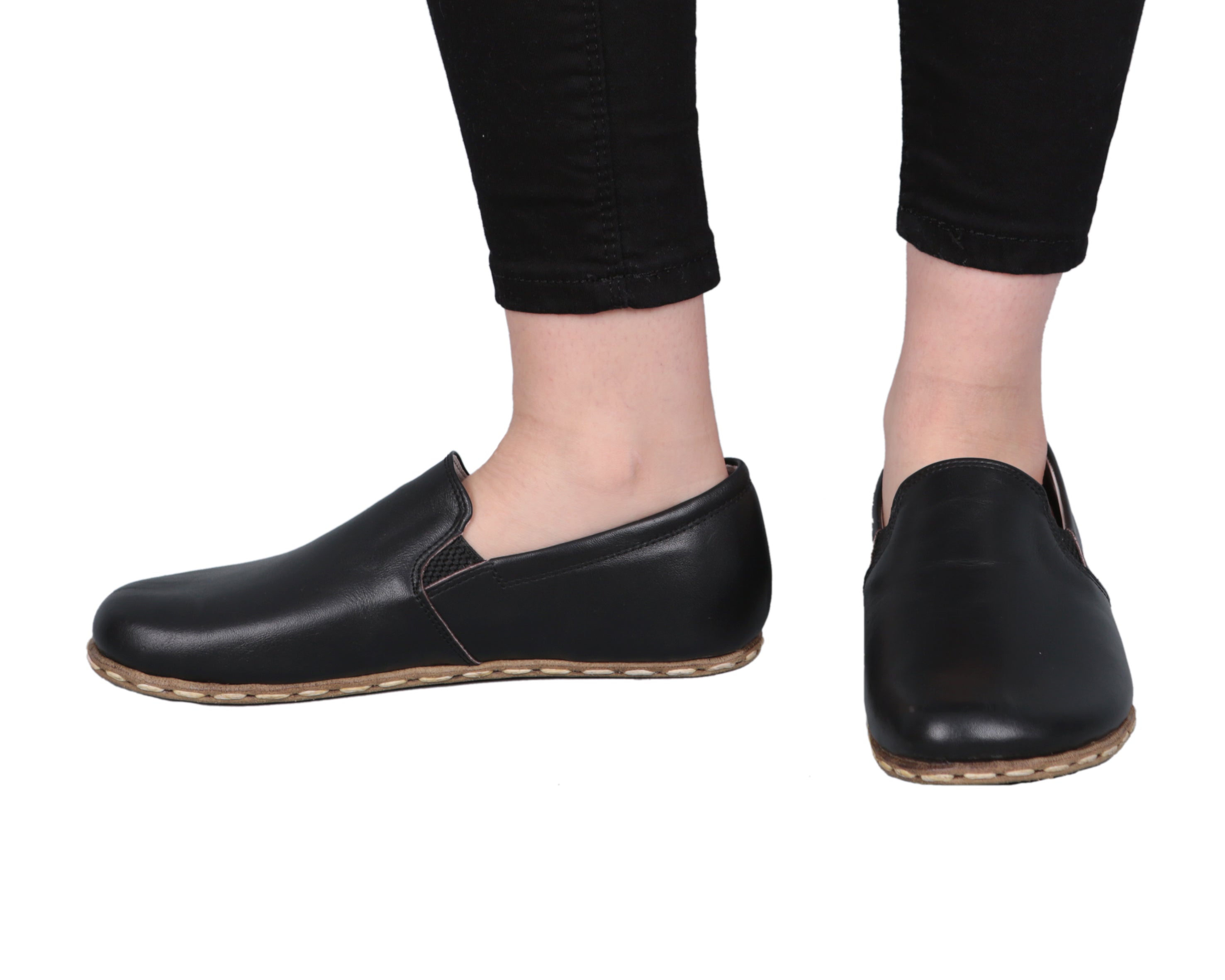 Black Slip-On Wide Barefoot Smooth Leather Handmade Sport Shoes Slip-On Leather Outsole