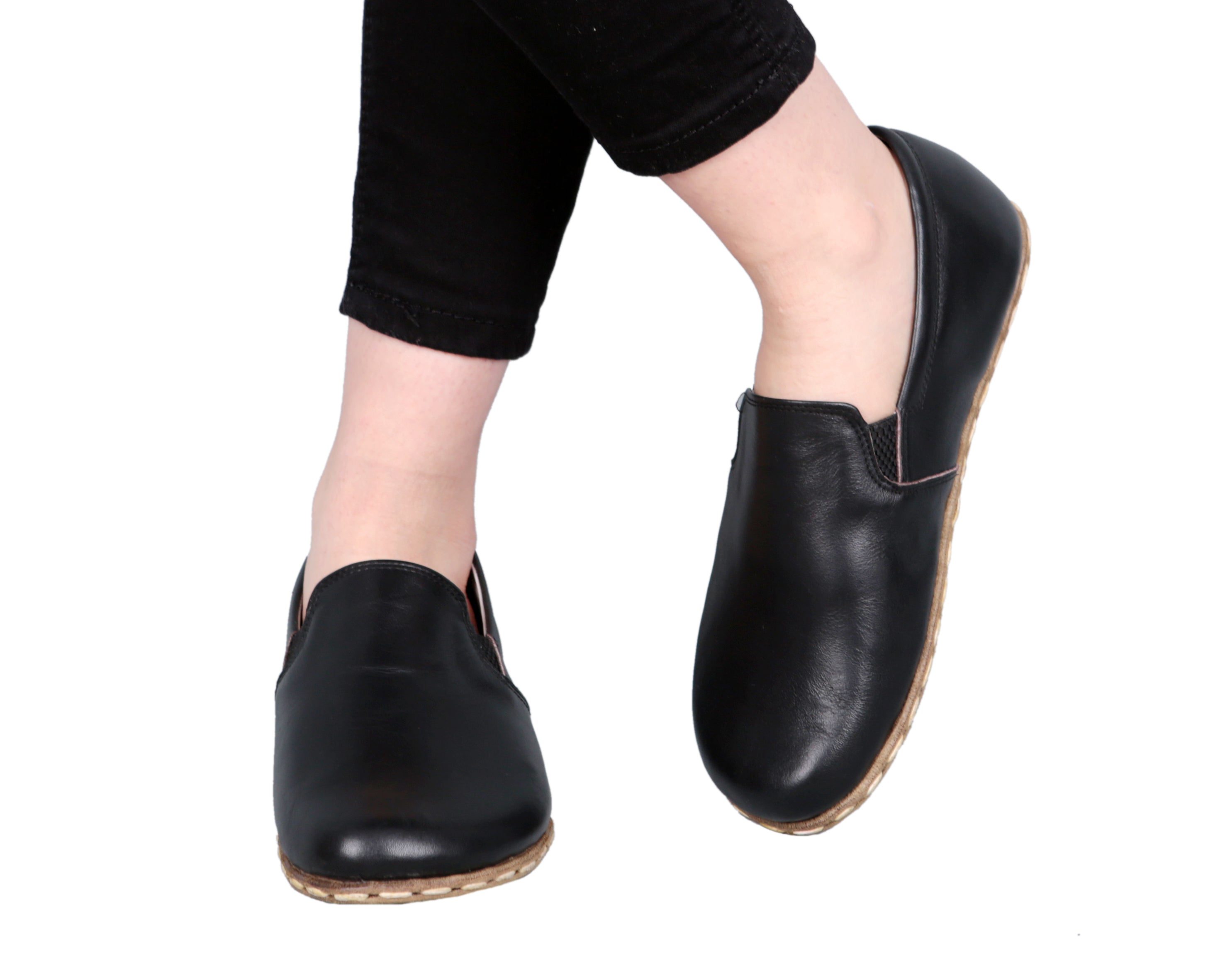 Black Slip-On Wide Barefoot Smooth Leather Handmade Sport Shoes Slip-On Leather Outsole