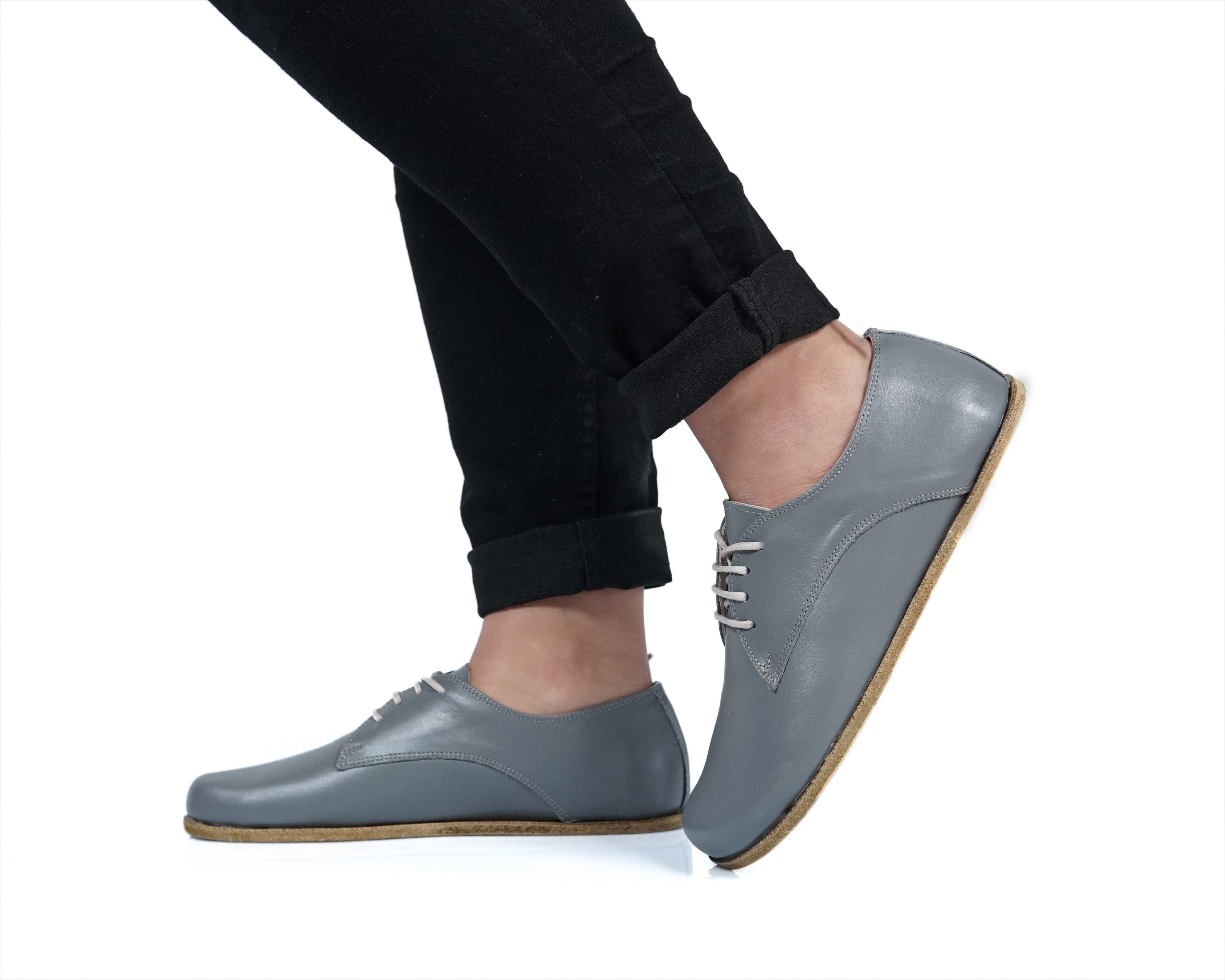Gray Oxford Wide Barefoot Smooth Leather Handmade Classic Shoes 