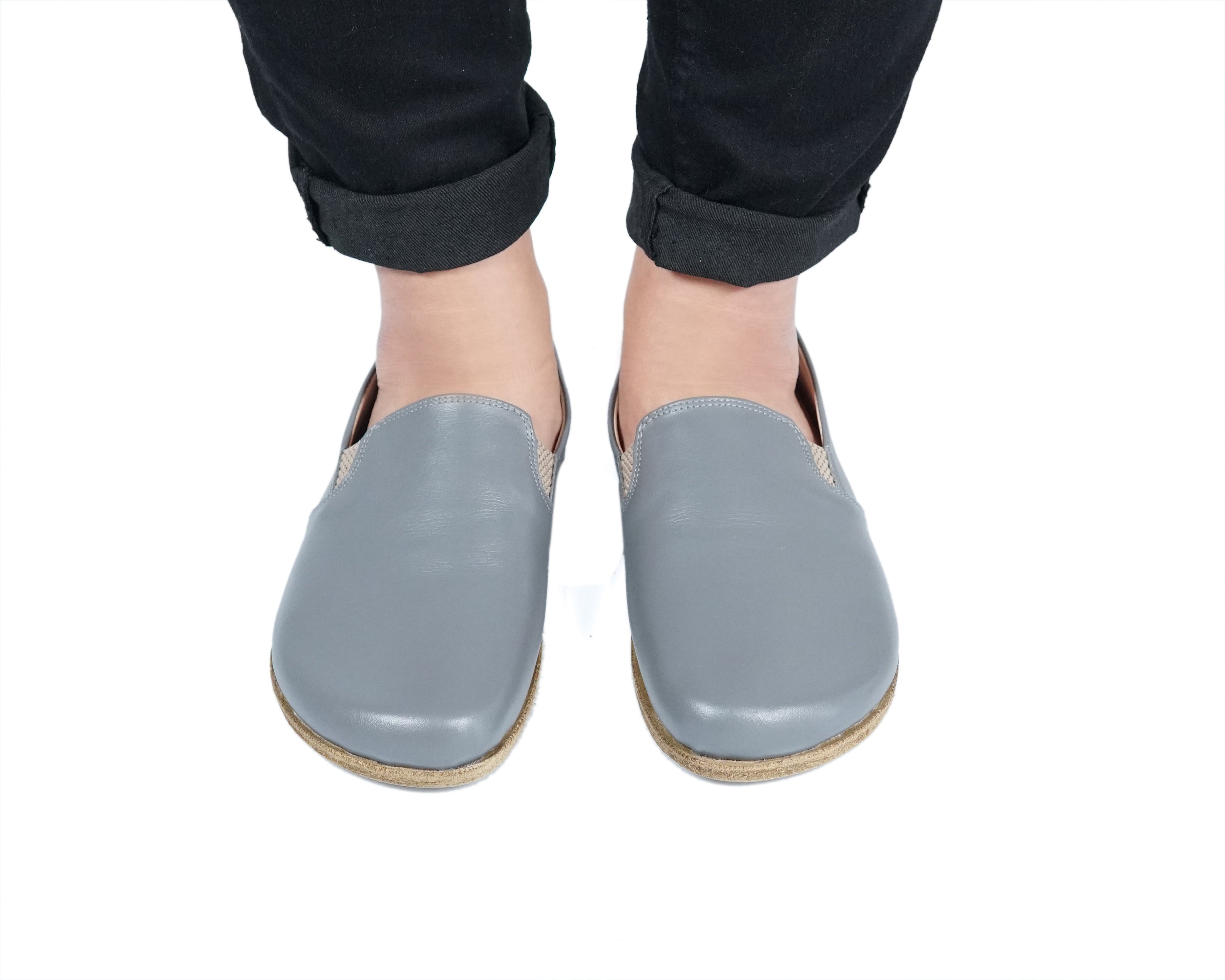 Gray Slip-On Wide Barefoot Smooth Leather Handmade Classic Shoes 
