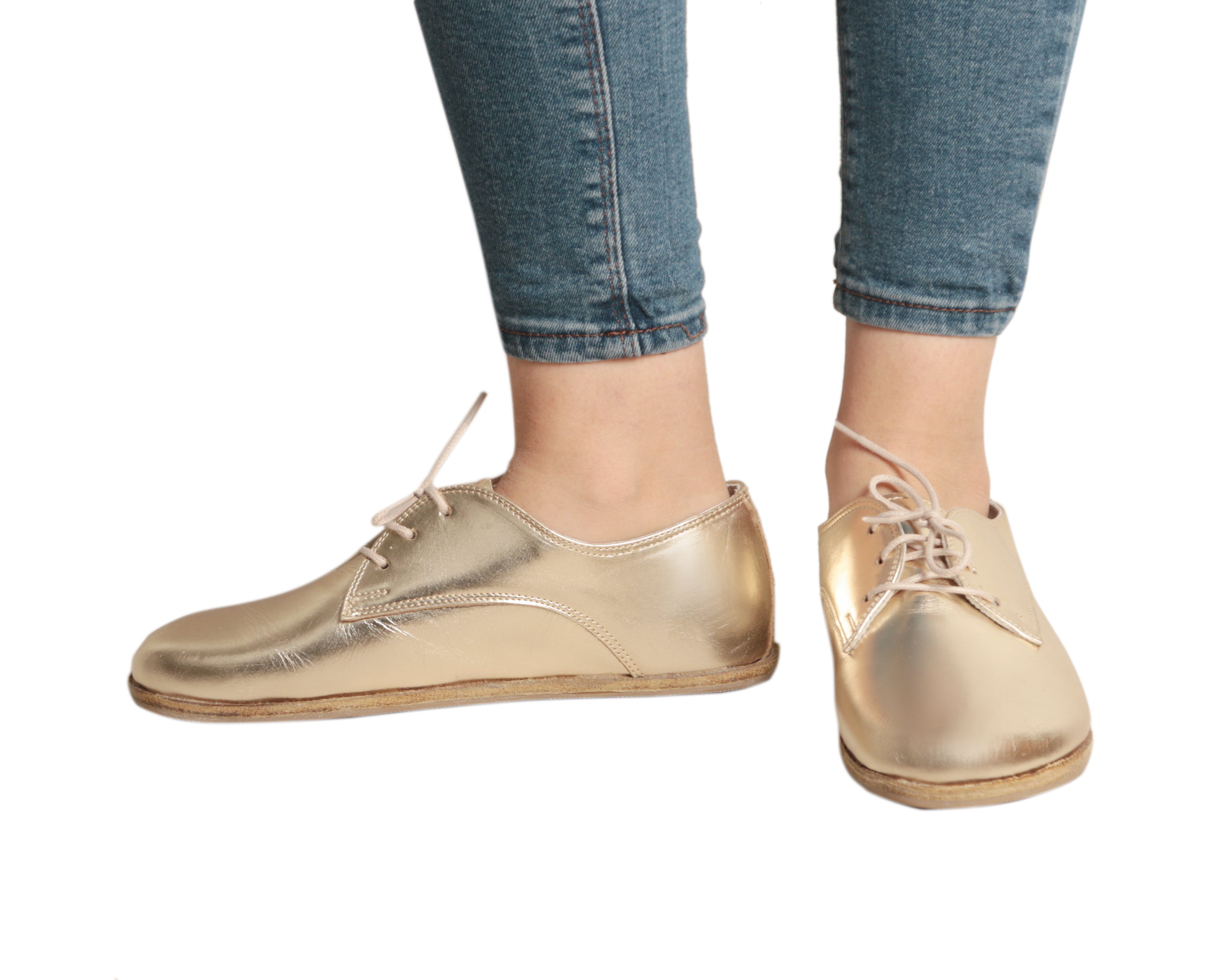 Gold Oxford Wide Barefoot Smooth Leather Handmade Classic Shoes 