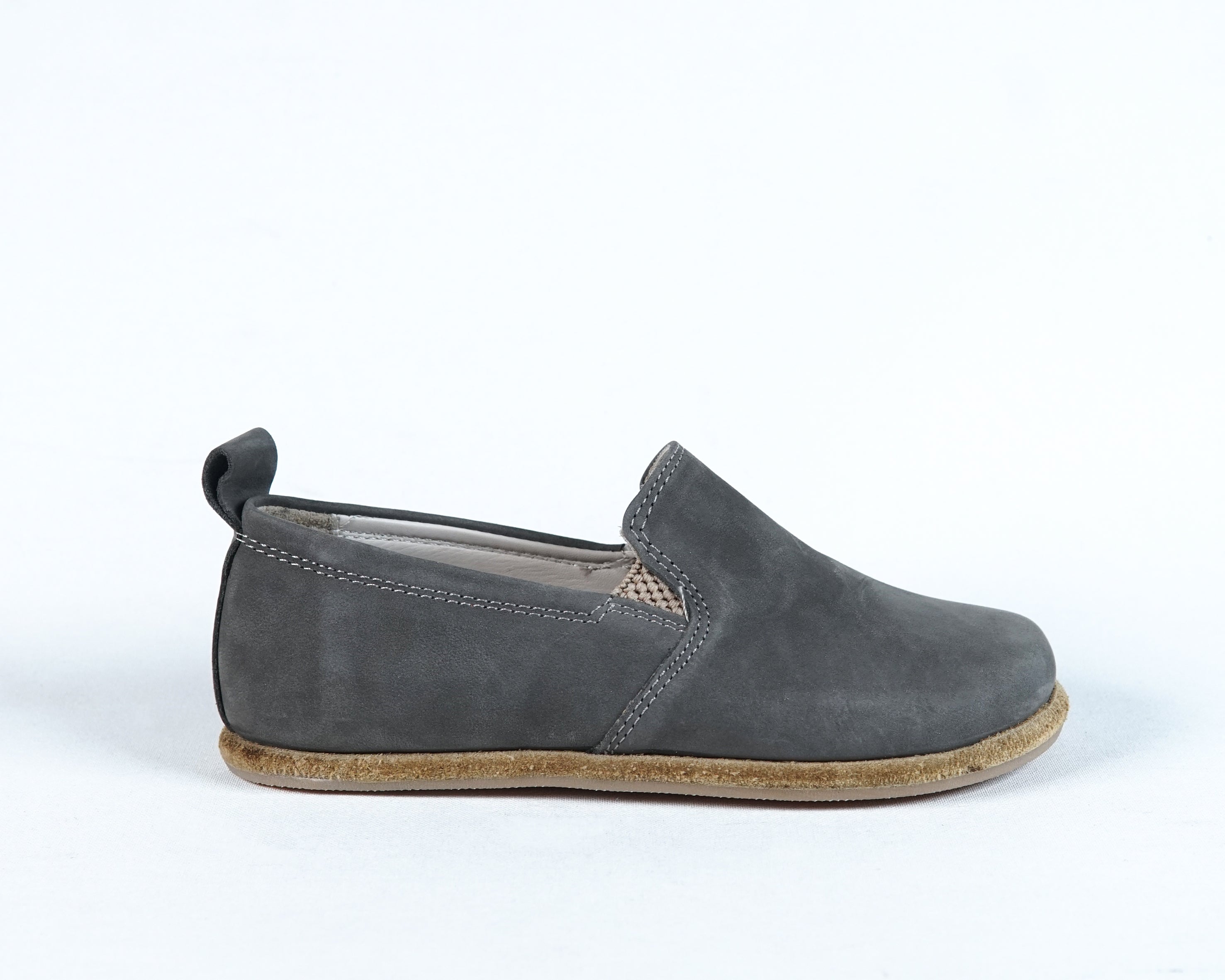 Gray Kids Slip-On Wide Barefoot Shoes Nubuck Leather Handmade Leather & Rubber Sole 