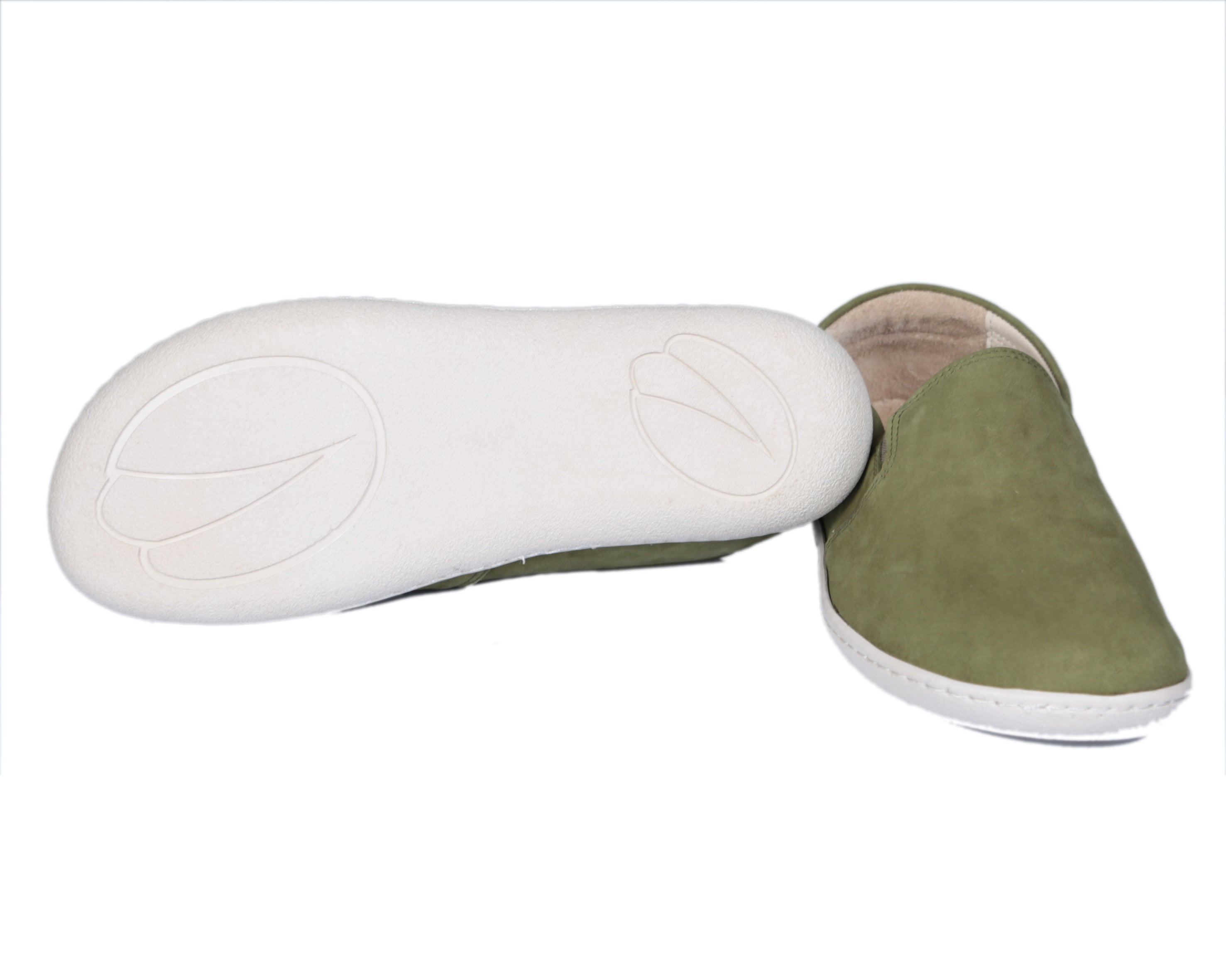 Green Slip-On Wide Barefoot Shoes Nubuck Leather Handmade 6mm Rubber Outsole 