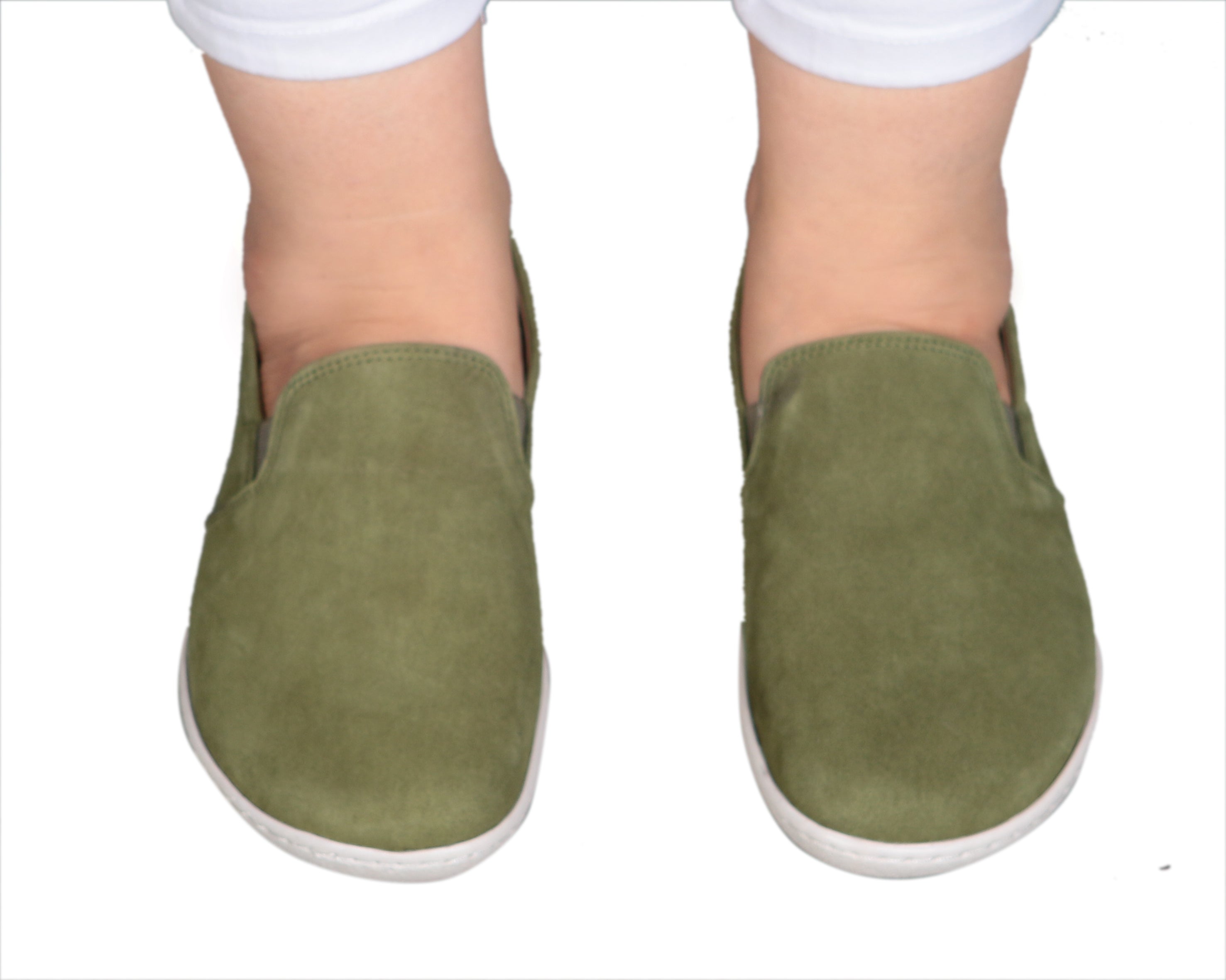Green Slip-On Wide Barefoot Shoes Nubuck Leather Handmade 6mm Rubber Outsole 