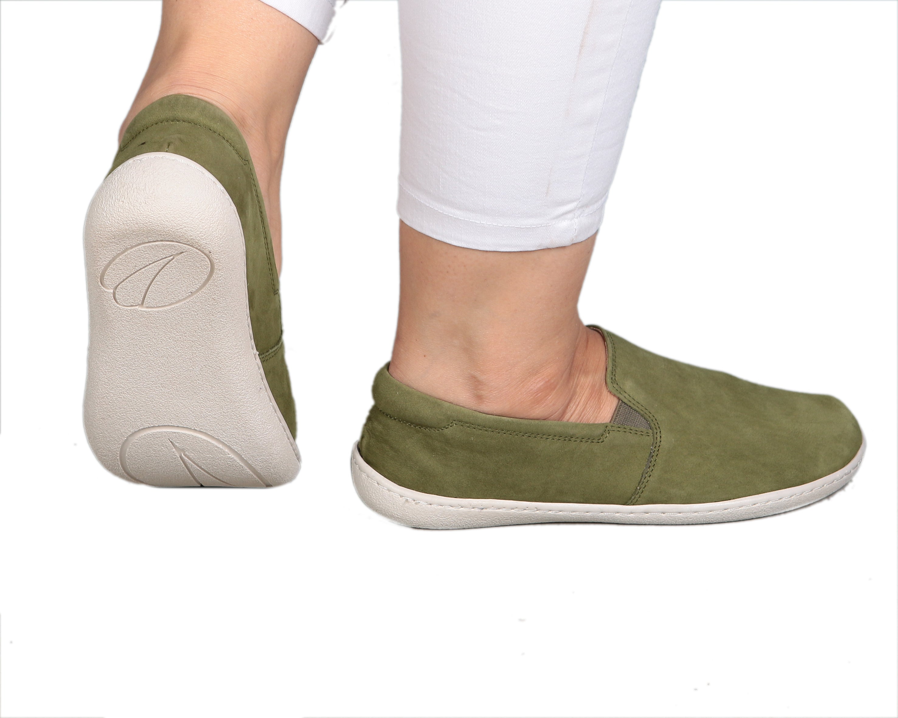 Green Slip-On Wide Barefoot Shoes Nubuck Leather Handmade 6mm Rubber Outsole 