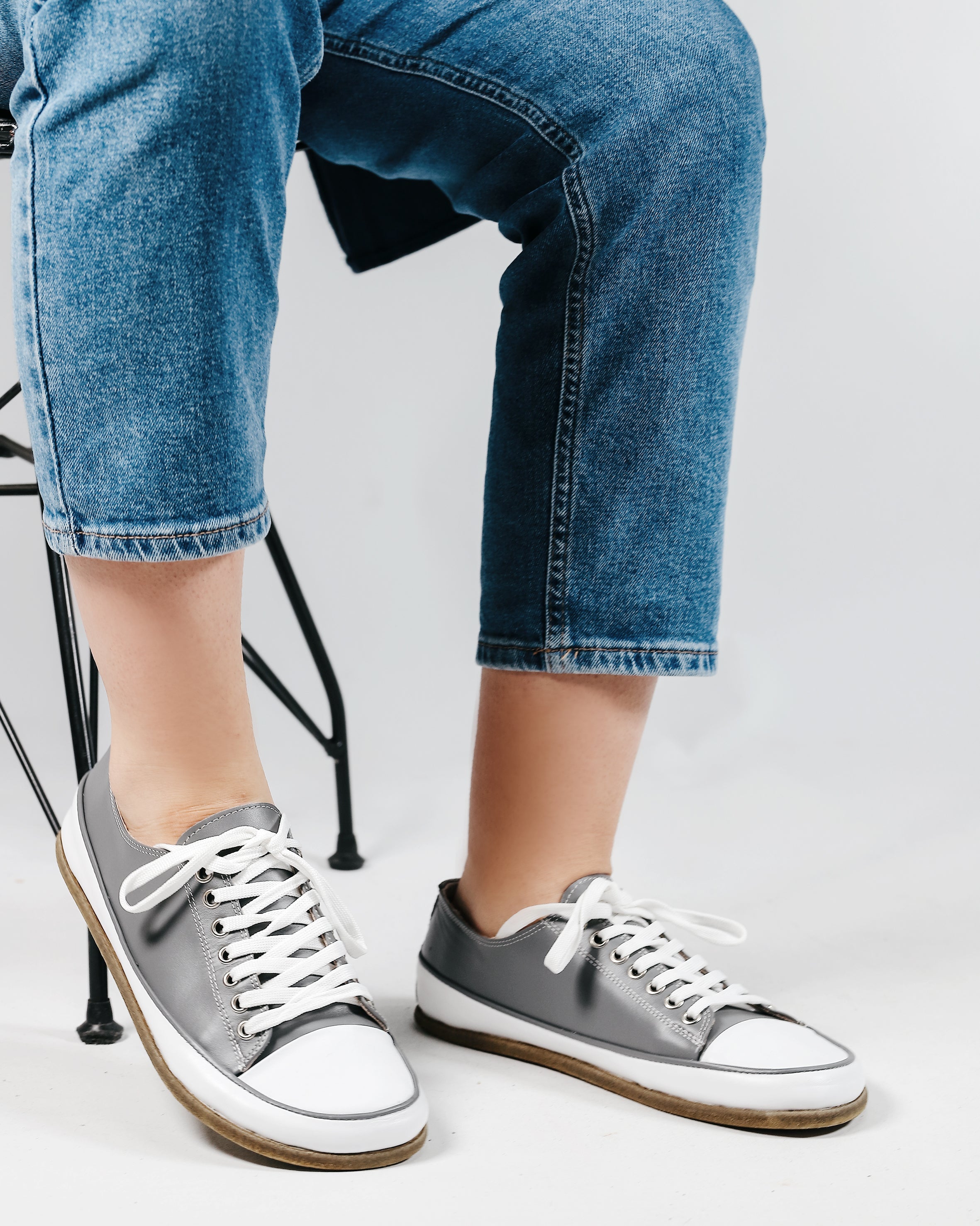 Gray Converse Style Wide Barefoot Smooth Leather Handmade Shoes 