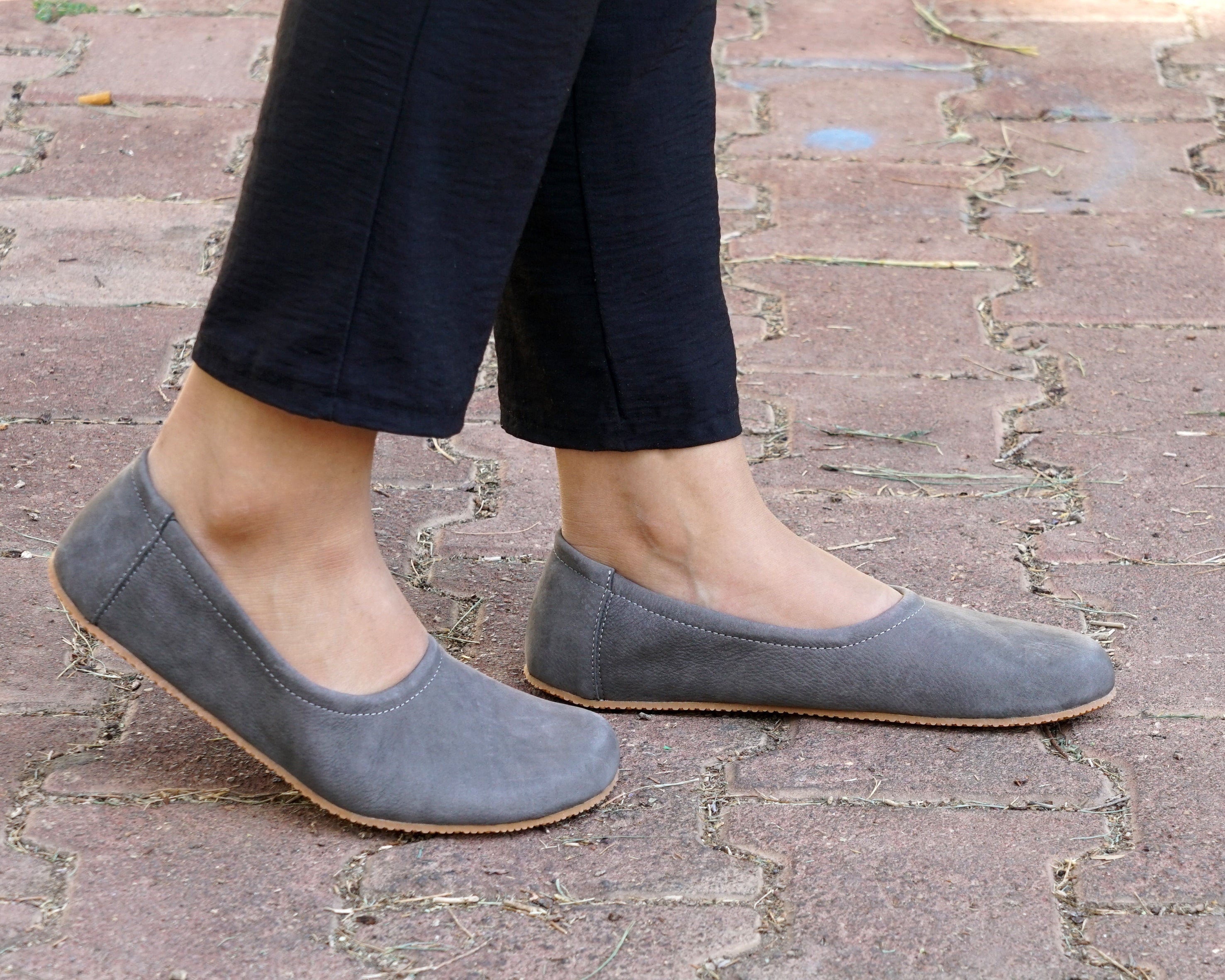 Gray Women Flat Ballets Wide Barefoot Nubuck Leather Handmade 
