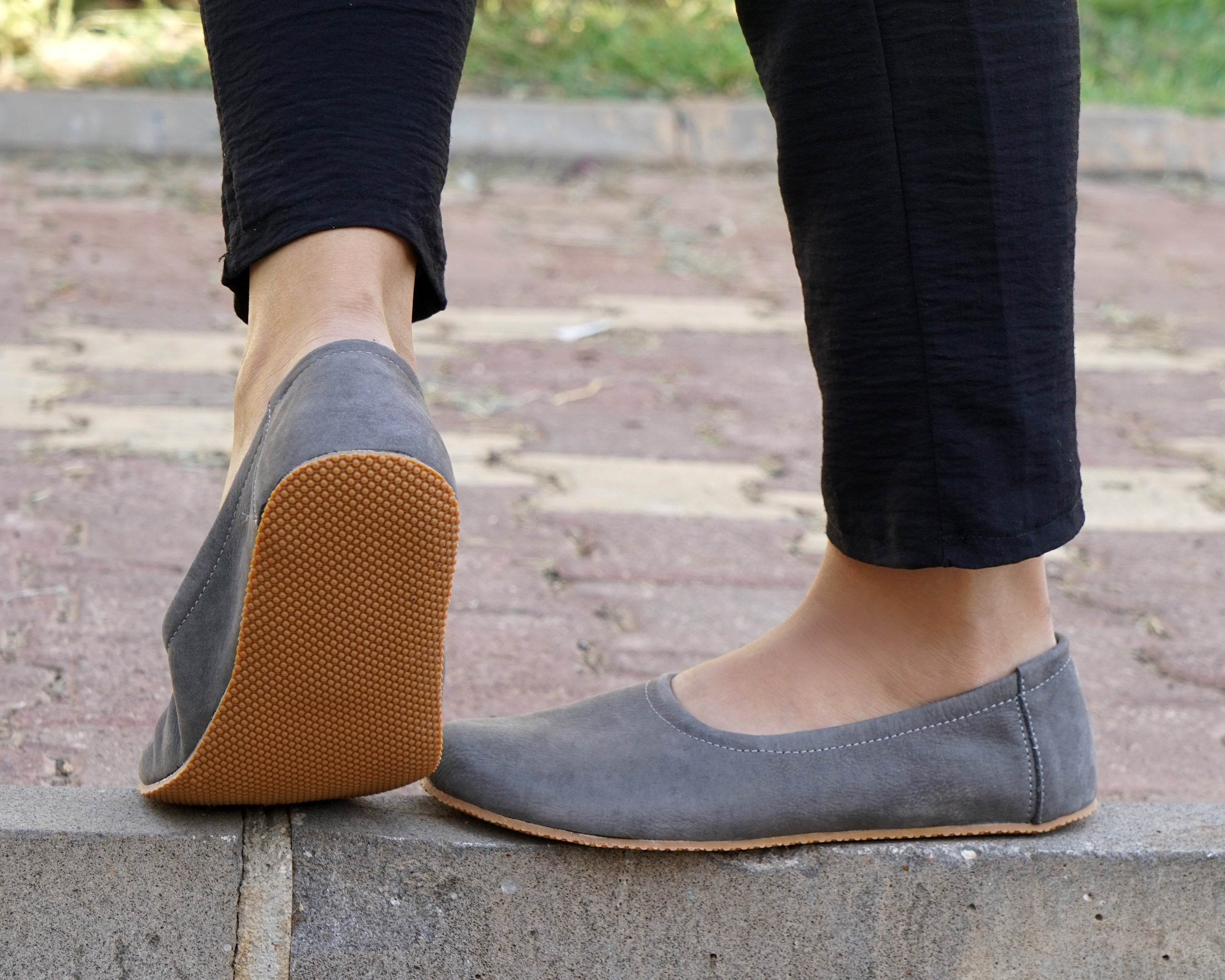 Gray Women Flat Ballets Wide Barefoot Nubuck Leather Handmade 