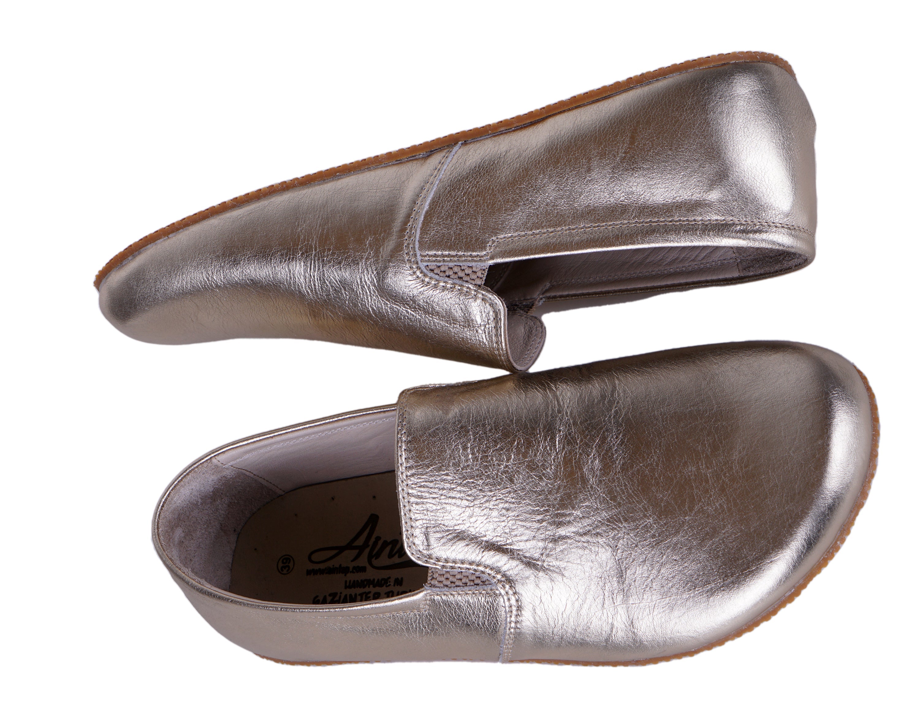 Gold Slip-On Wide Barefoot Shoes Smooth Leather Handmade 4mm Rubber Outsole 