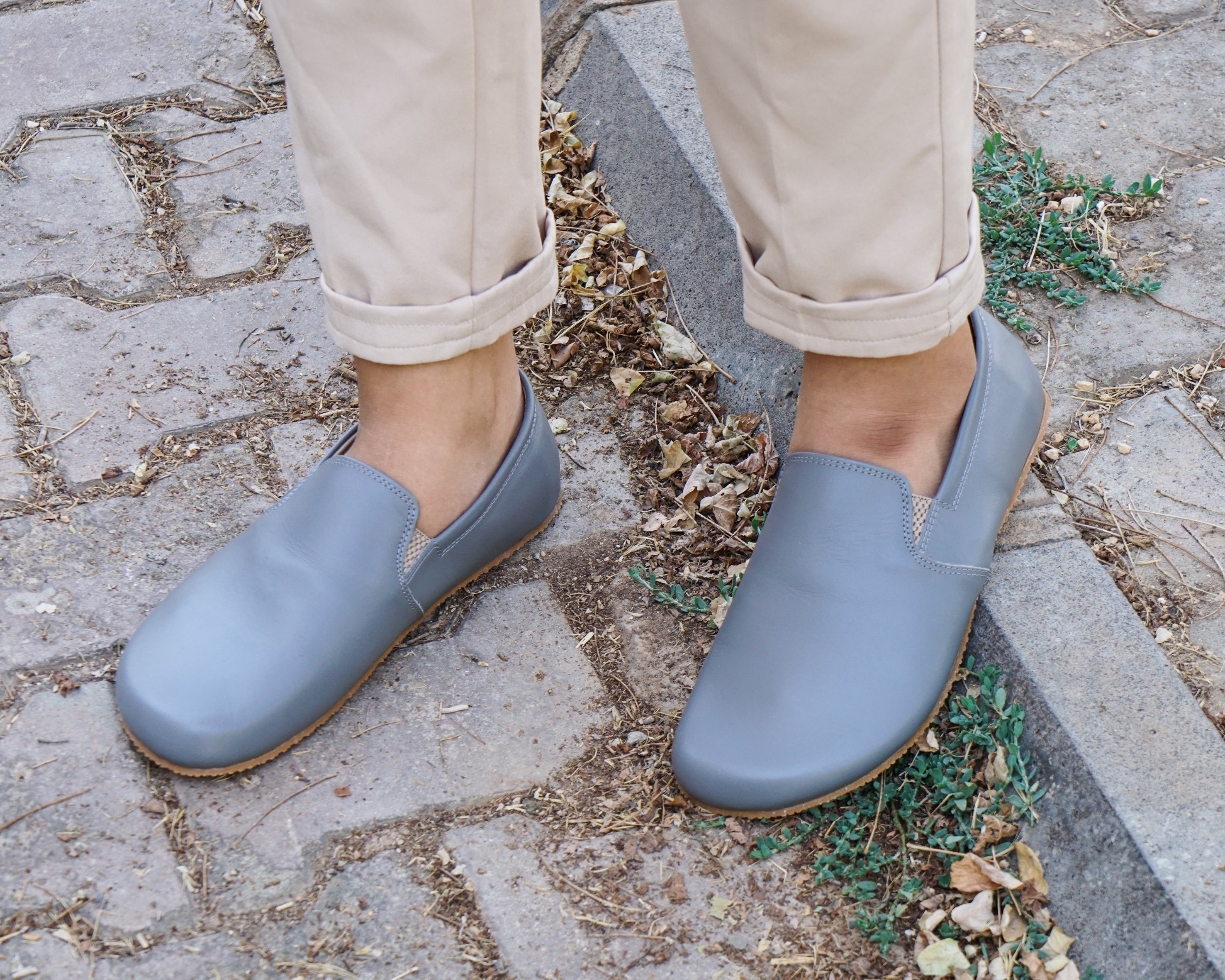 Gray Slip-On Wide Barefoot Shoes Smooth Leather Handmade 4mm Rubber Outsole 