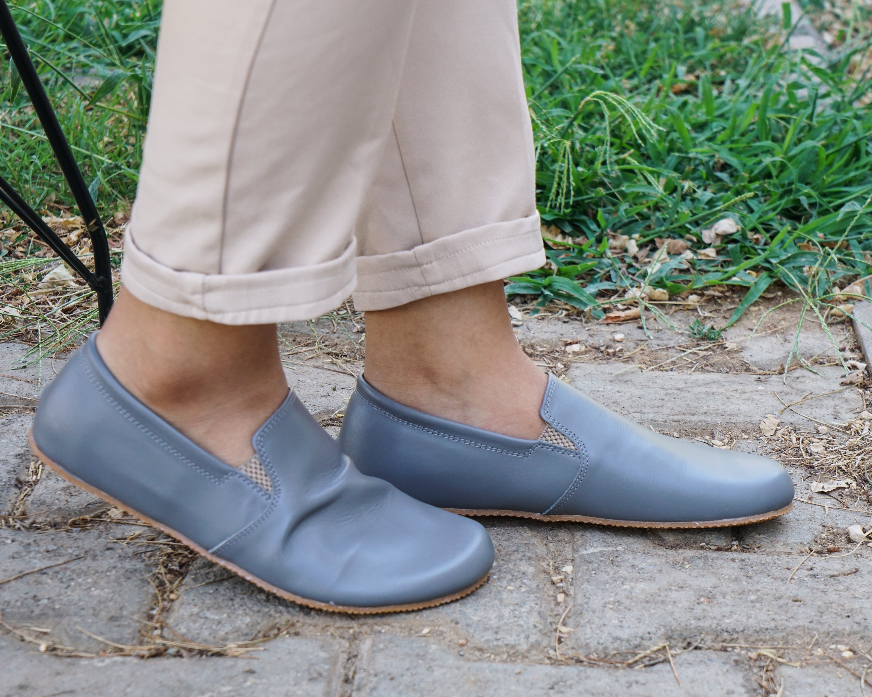 Gray Slip-On Wide Barefoot Shoes Smooth Leather Handmade 4mm Rubber Outsole 